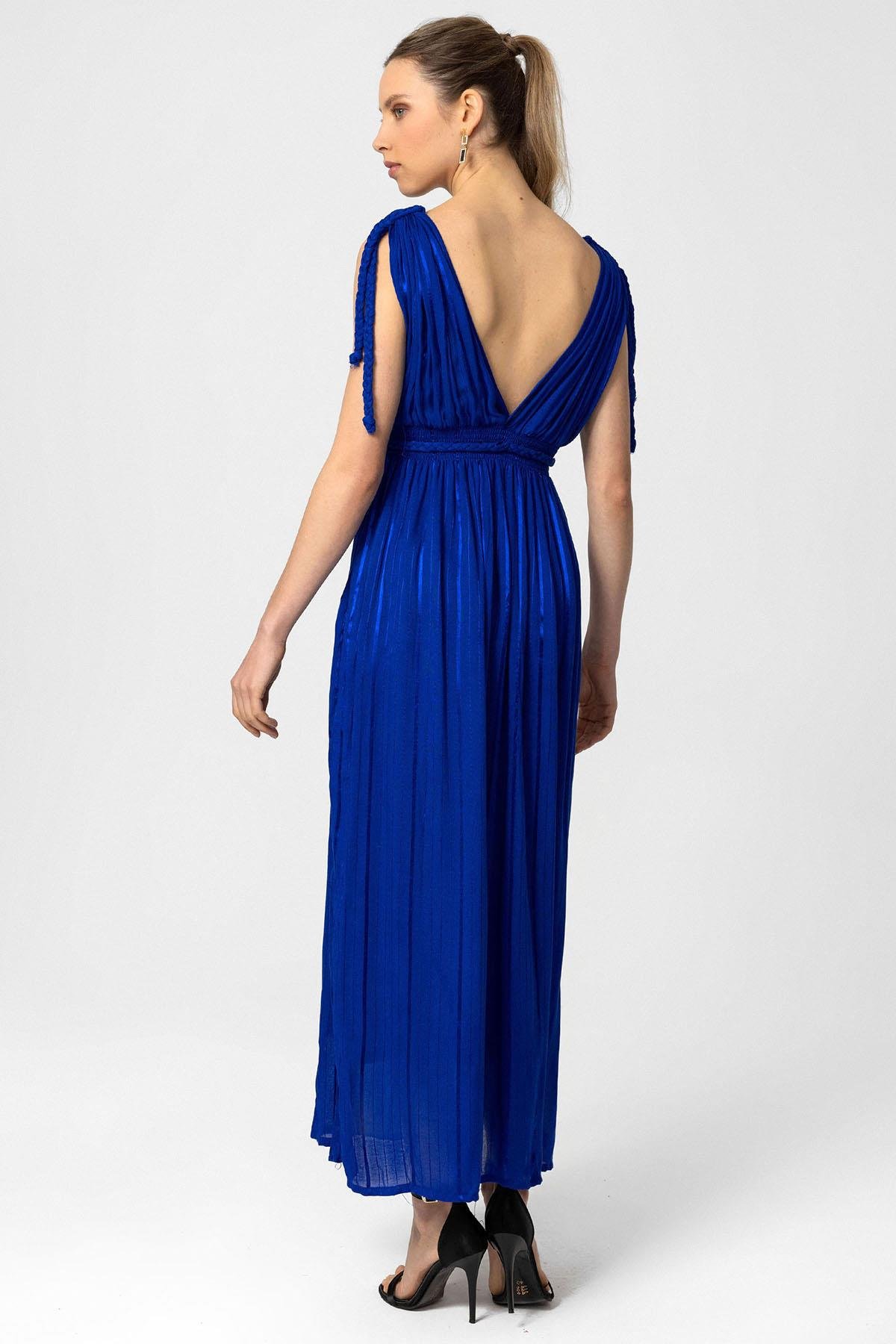 Koyu Mavi Şile Bezi Askılı Uzun Helen Yazlık Astarsız Plaj Pamuklu Elbise