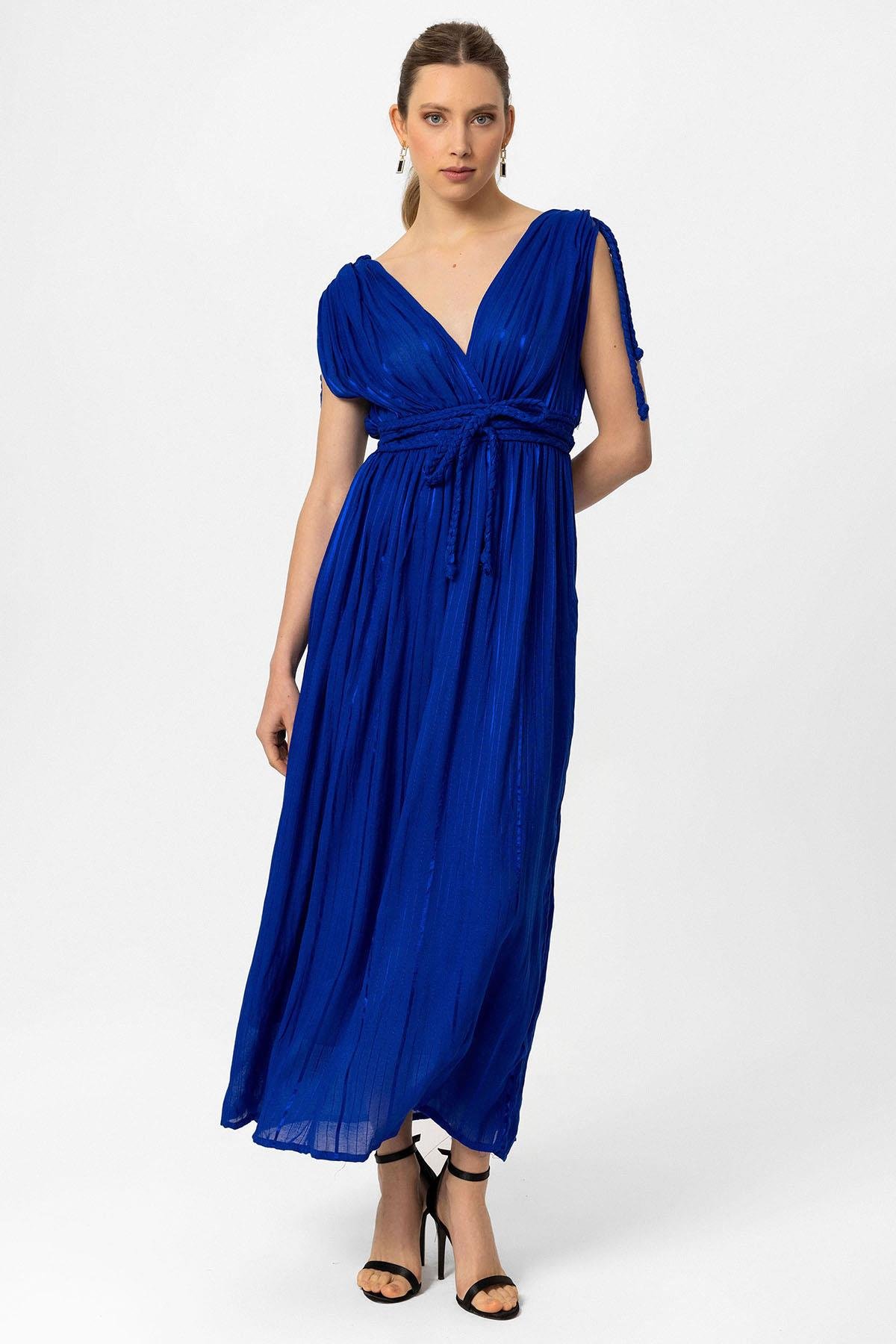 Koyu Mavi Şile Bezi Askılı Uzun Helen Yazlık Astarsız Plaj Pamuklu Elbise