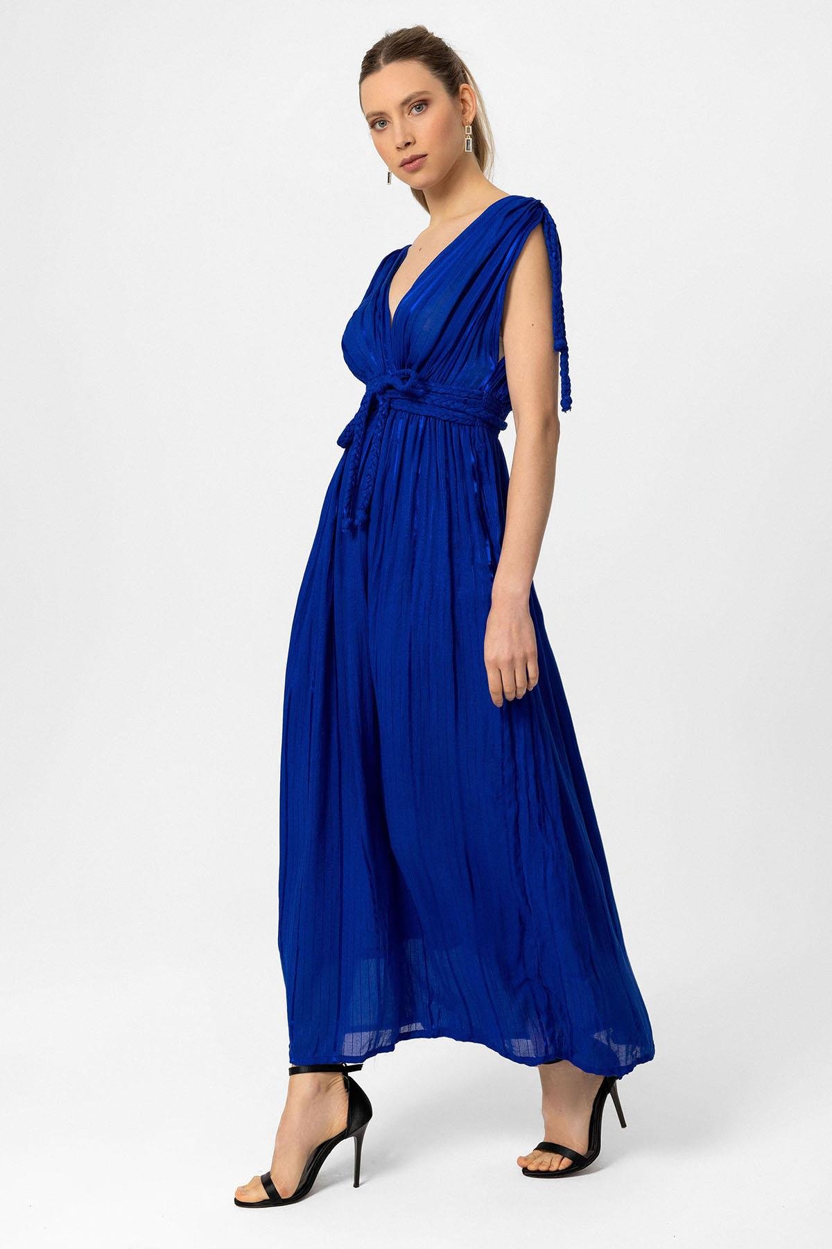 Koyu Mavi Şile Bezi Askılı Uzun Helen Yazlık Astarsız Plaj Pamuklu Elbise