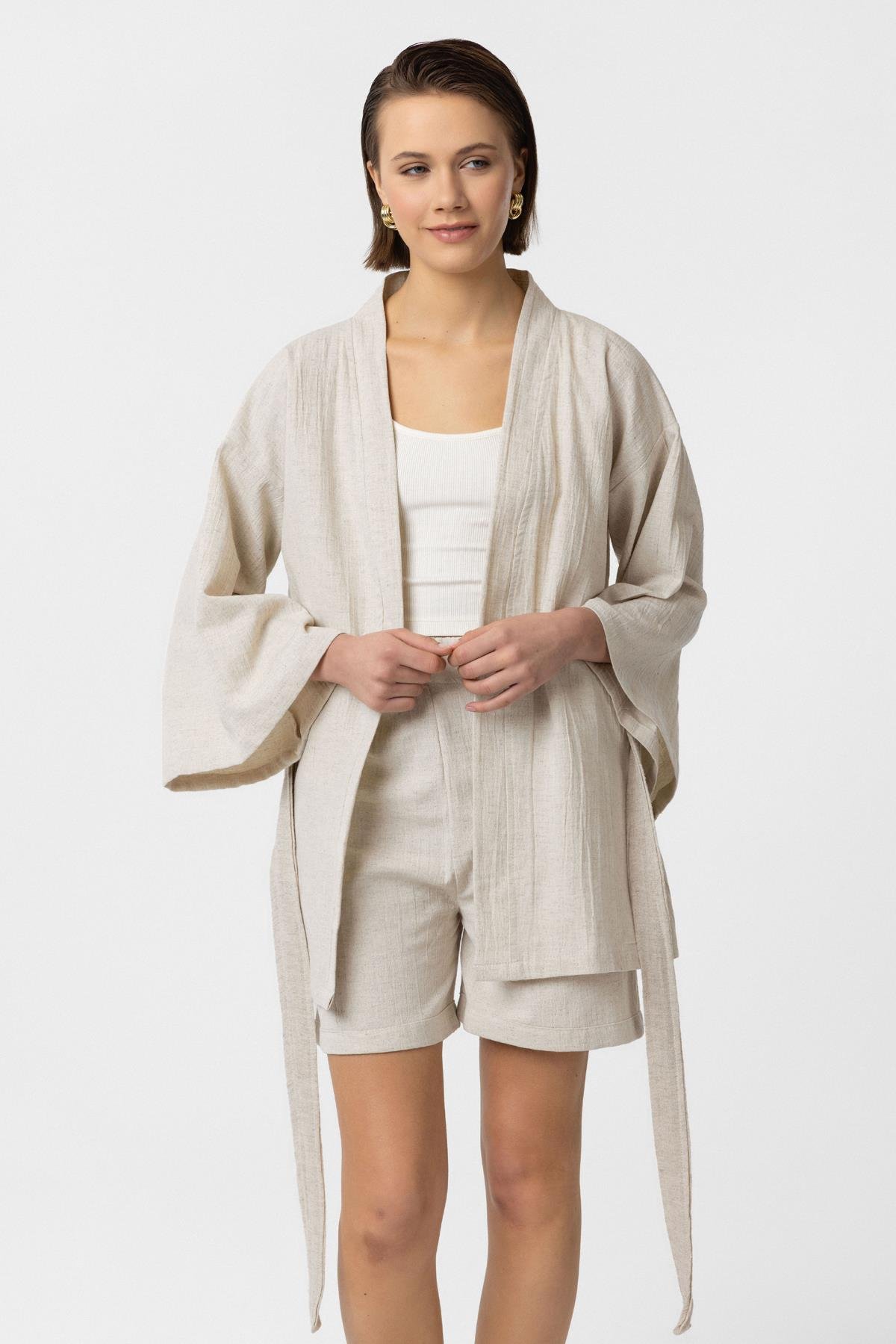 Krem Doğal Keten Şortlu Takım Kimono