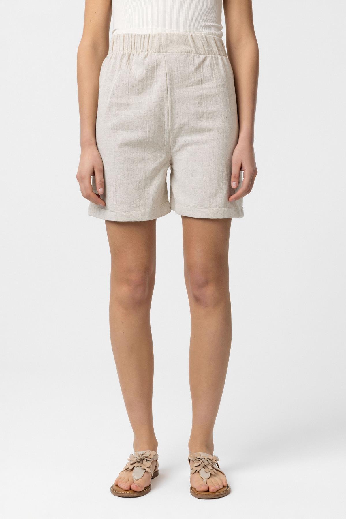 Krem Doğal Keten Şortlu Takım Kimono