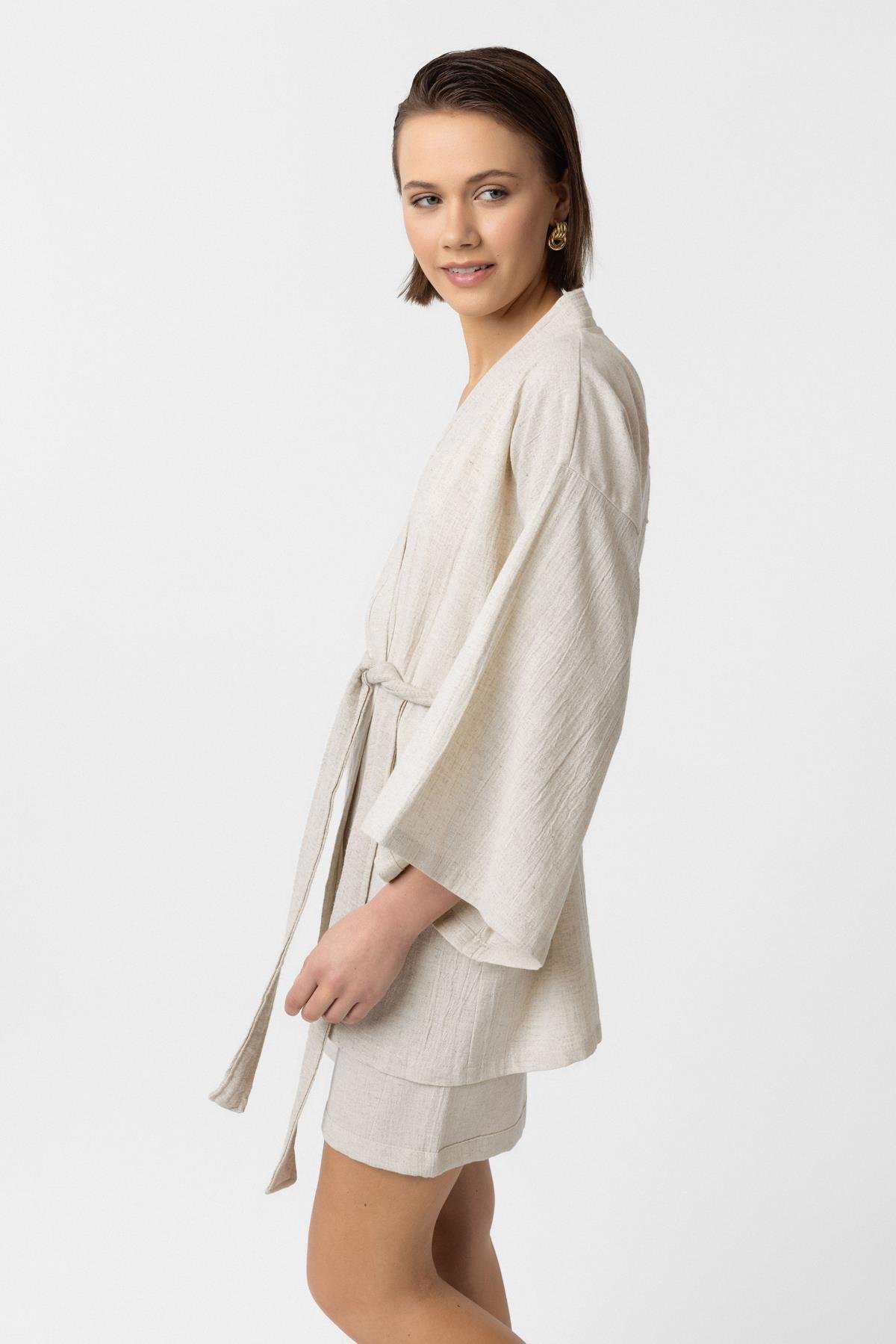 Krem Doğal Keten Şortlu Takım Kimono