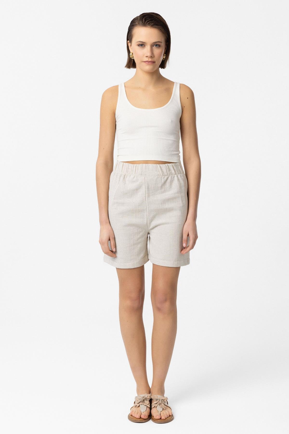 Krem Doğal Keten Şortlu Takım Kimono