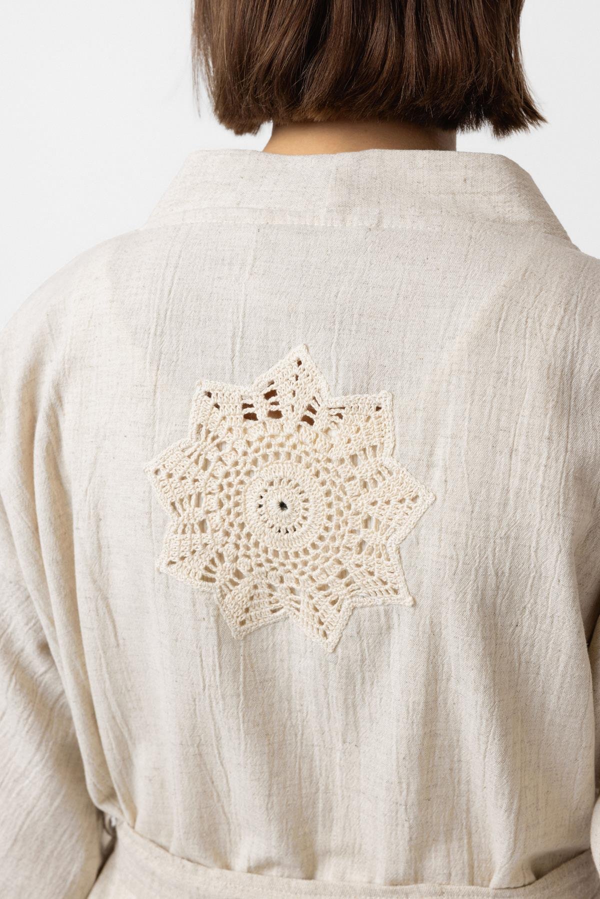 Krem Doğal Keten Şortlu Takım Kimono