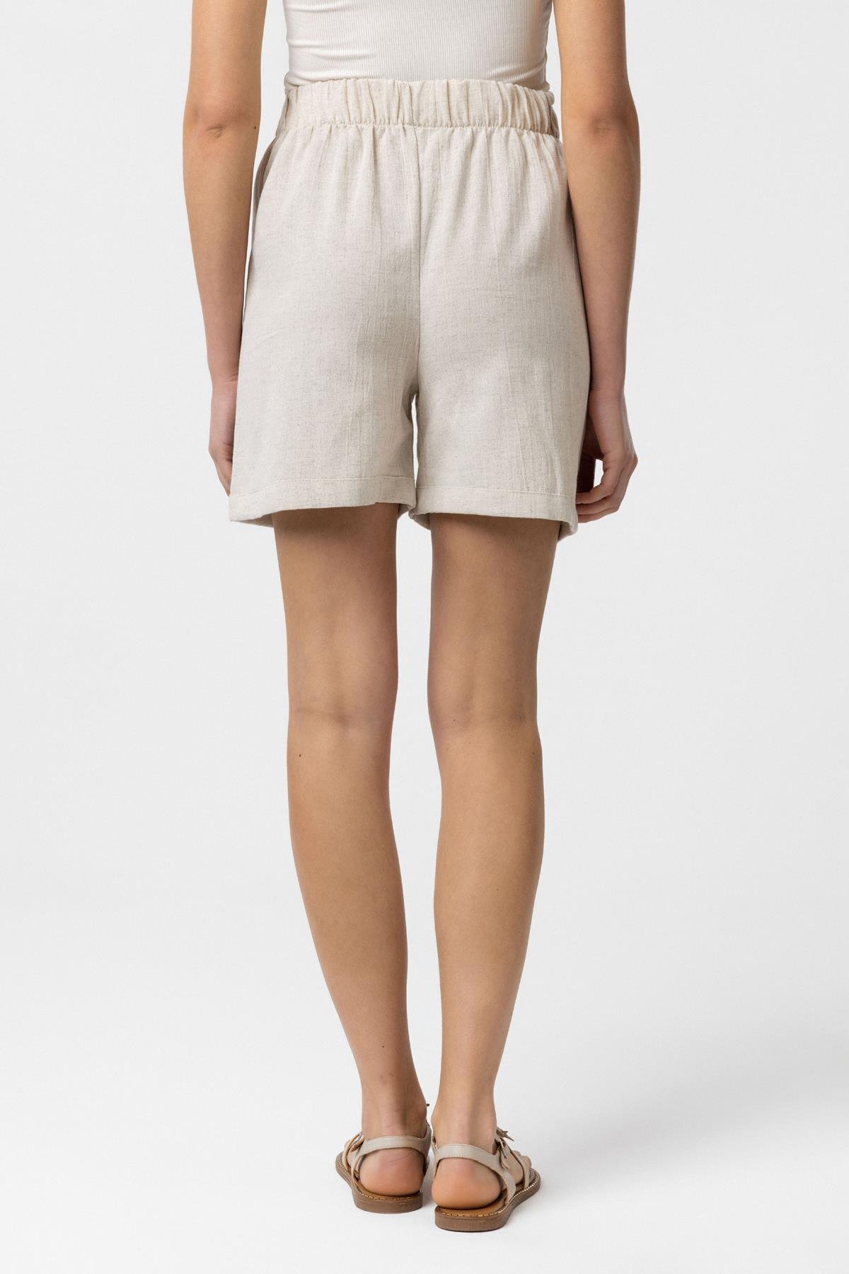 Krem Doğal Keten Şortlu Takım Kimono