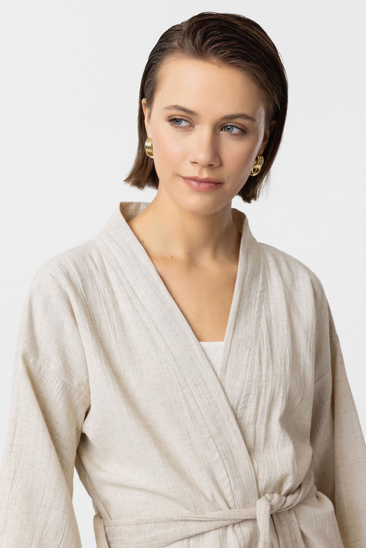 Krem Doğal Keten Şortlu Takım Kimono