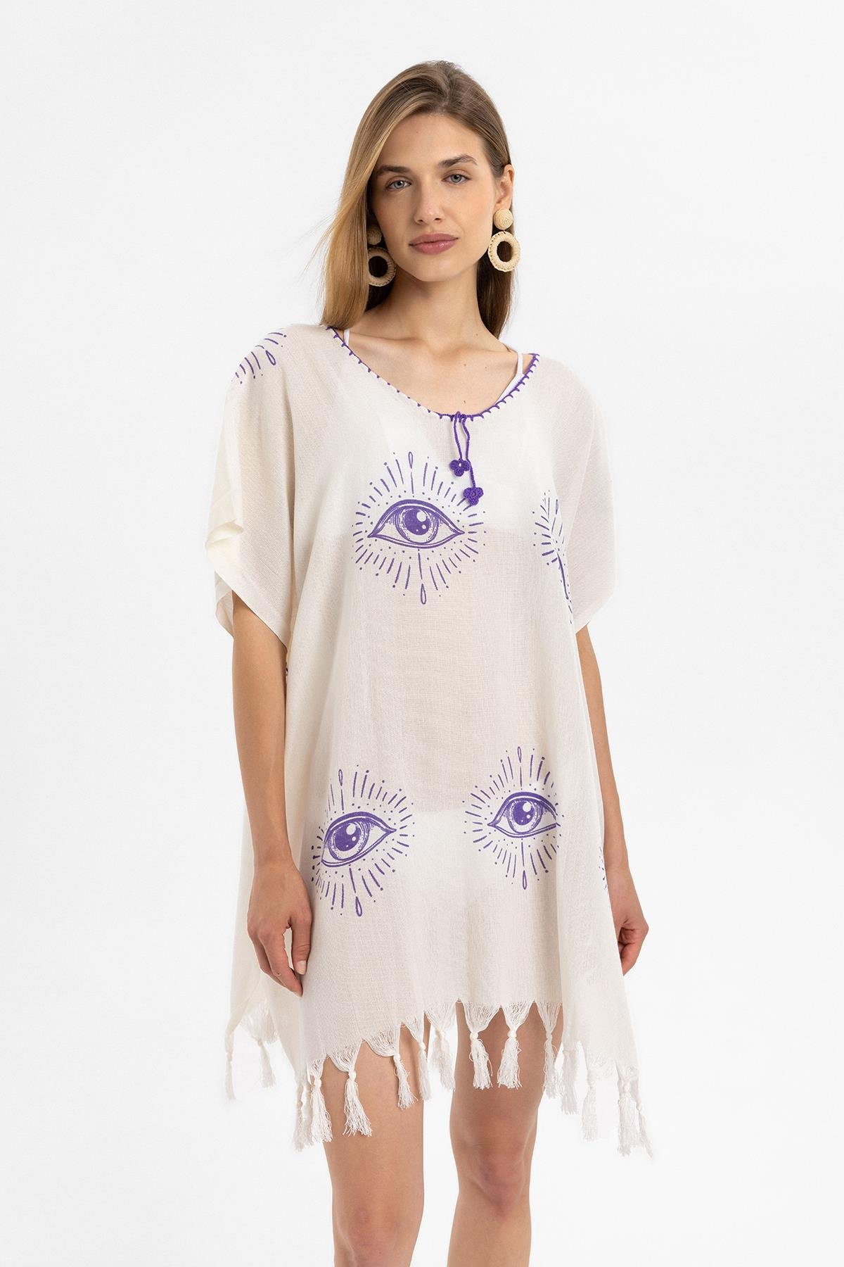 Krem Kısa Kollu Püsküllü Göz Desenli Yazlık Astarsız Pamuklu Plaj Elbise