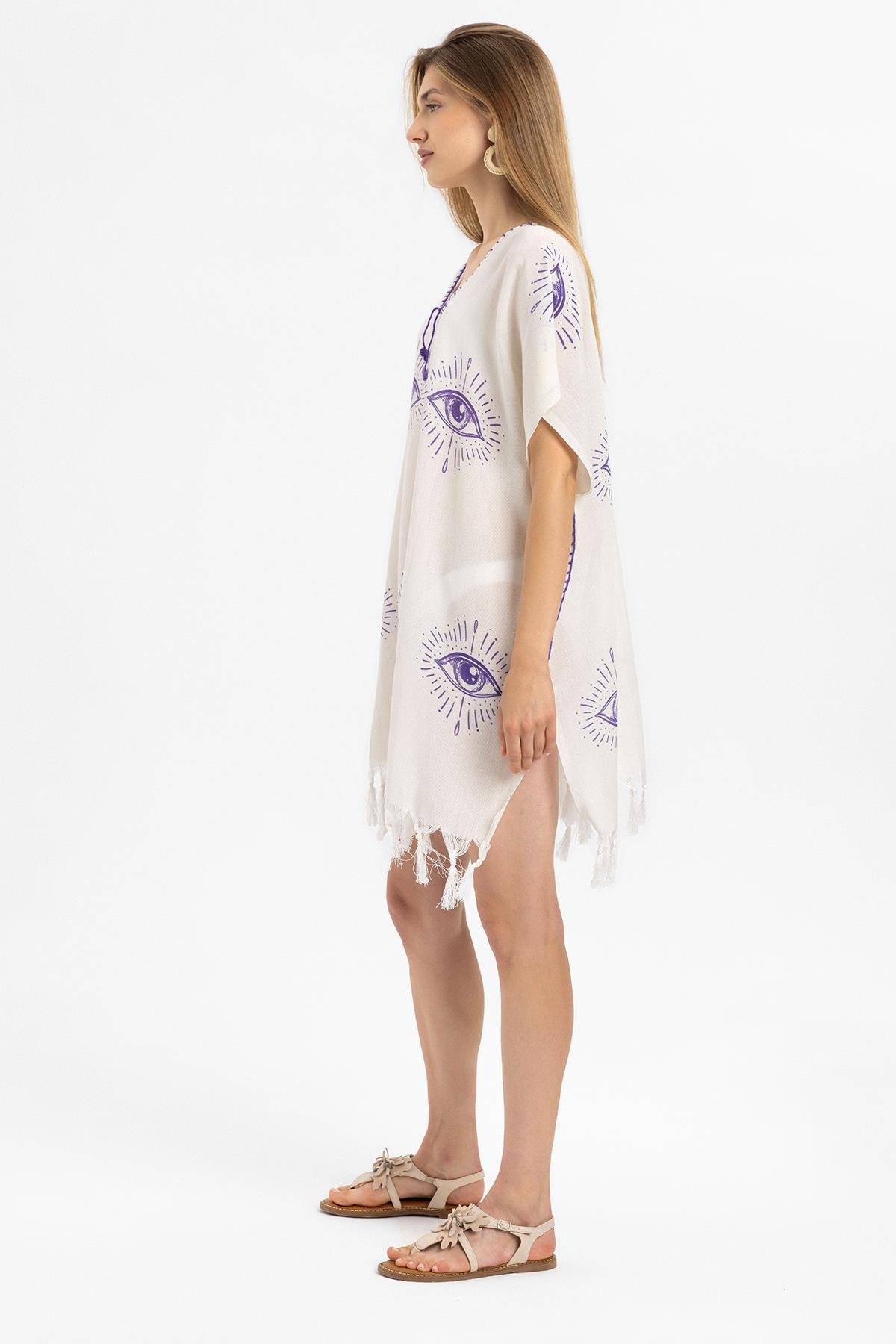 Krem Kısa Kollu Püsküllü Göz Desenli Yazlık Astarsız Pamuklu Plaj Elbise