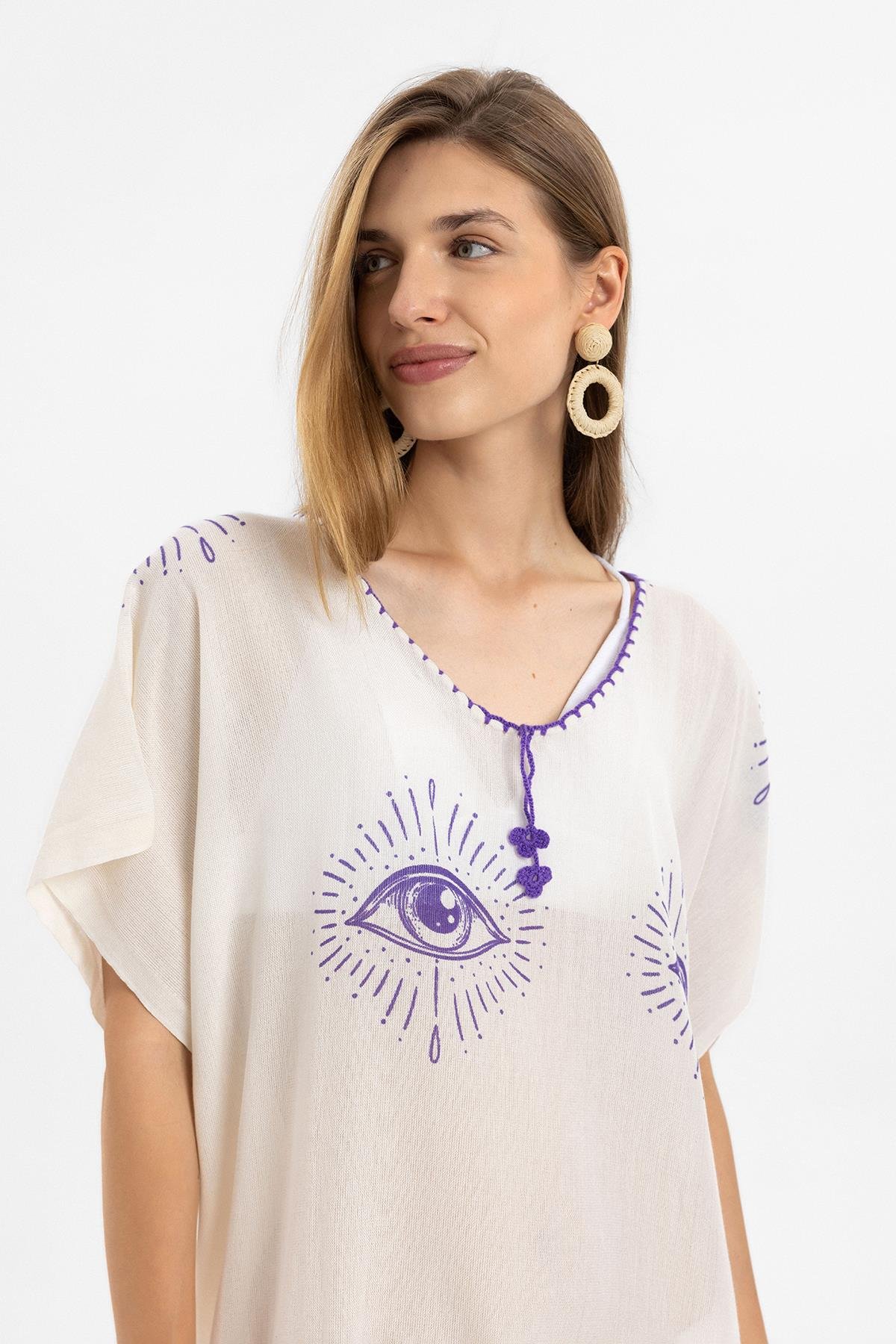 Krem Kısa Kollu Püsküllü Göz Desenli Yazlık Astarsız Pamuklu Plaj Elbise