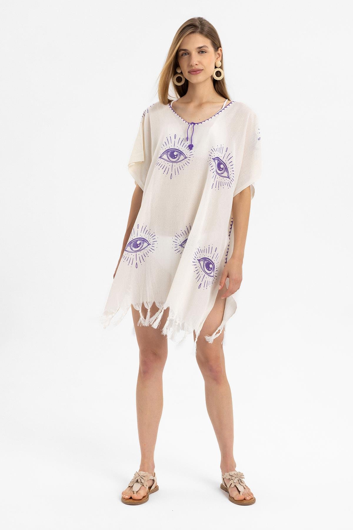 Krem Kısa Kollu Püsküllü Göz Desenli Yazlık Astarsız Pamuklu Plaj Elbise