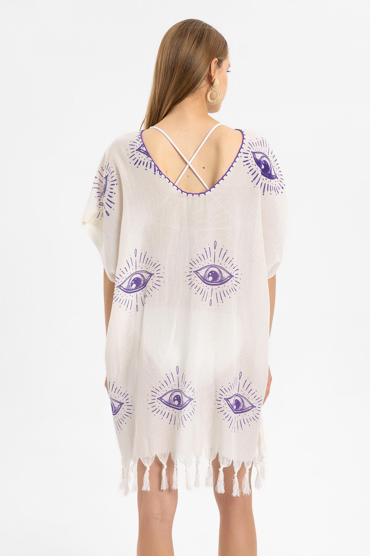 Krem Kısa Kollu Püsküllü Göz Desenli Yazlık Astarsız Pamuklu Plaj Elbise