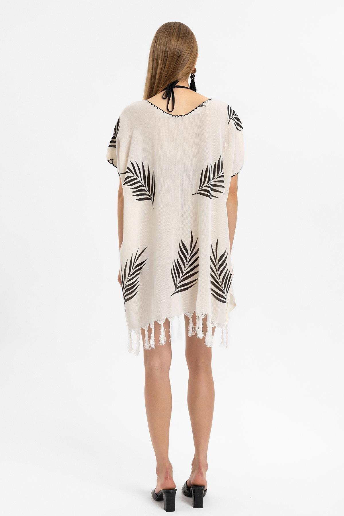 Krem Kısa Kollu Püsküllü Yeşil Yaprak Desenli Yazlık Astarsız Pamuklu Plaj Elbise