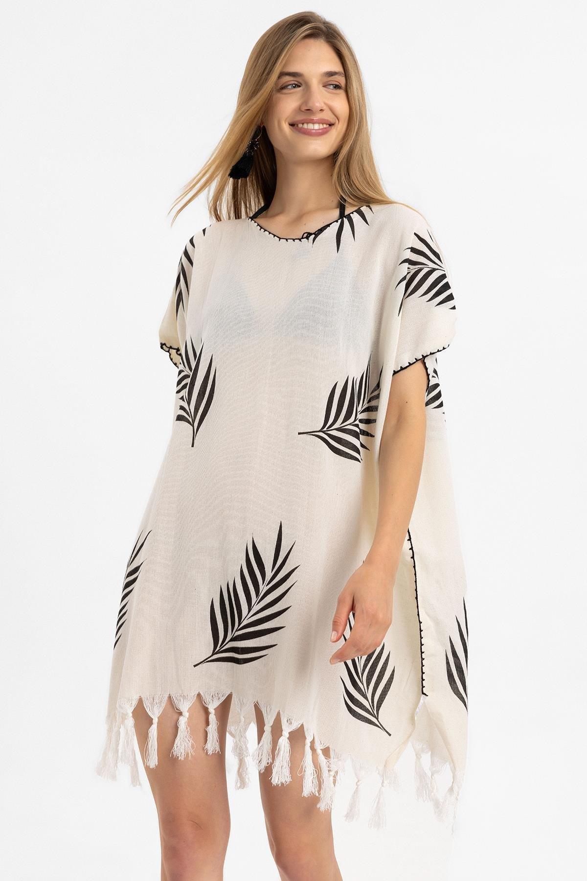 Krem Kısa Kollu Püsküllü Yeşil Yaprak Desenli Yazlık Astarsız Pamuklu Plaj Elbise