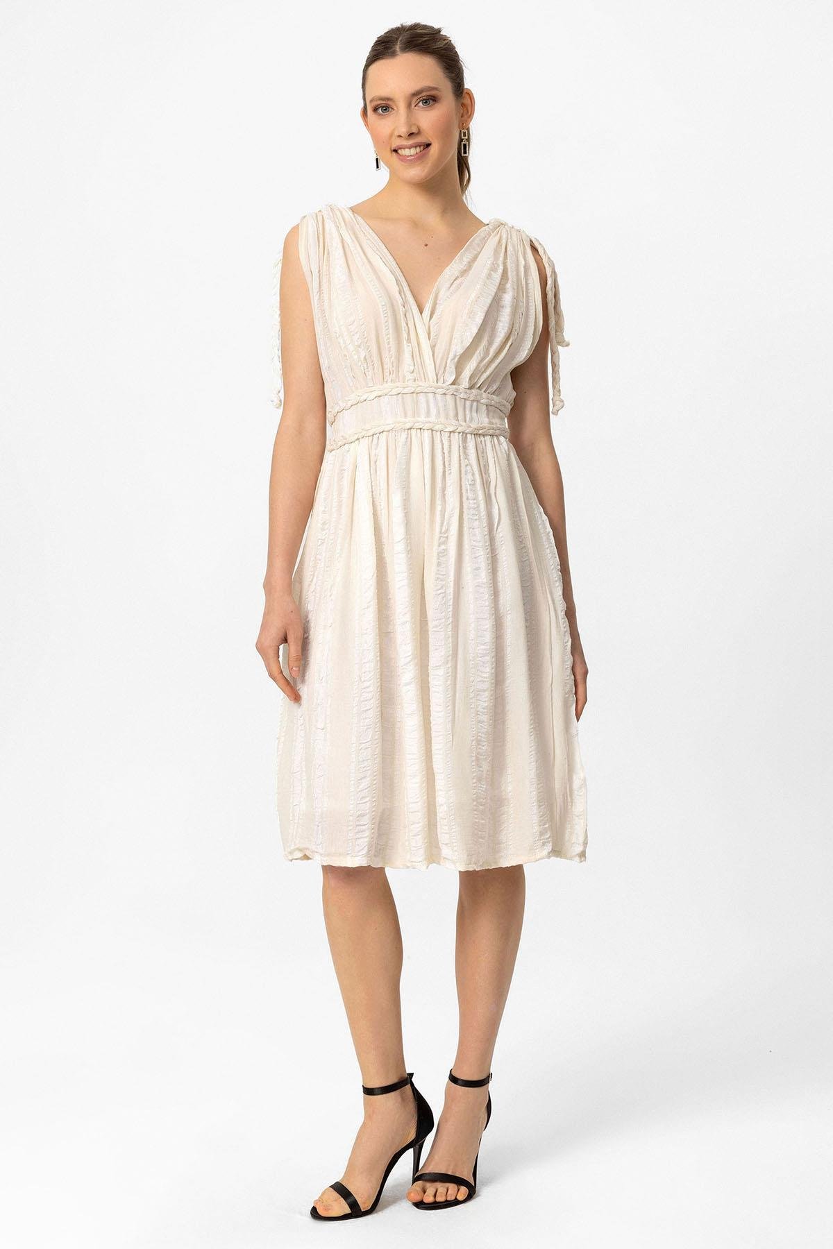 Krem Şile Bezi Askılı Kısa Helen Yazlık Astarsız Plaj Pamuklu Elbise