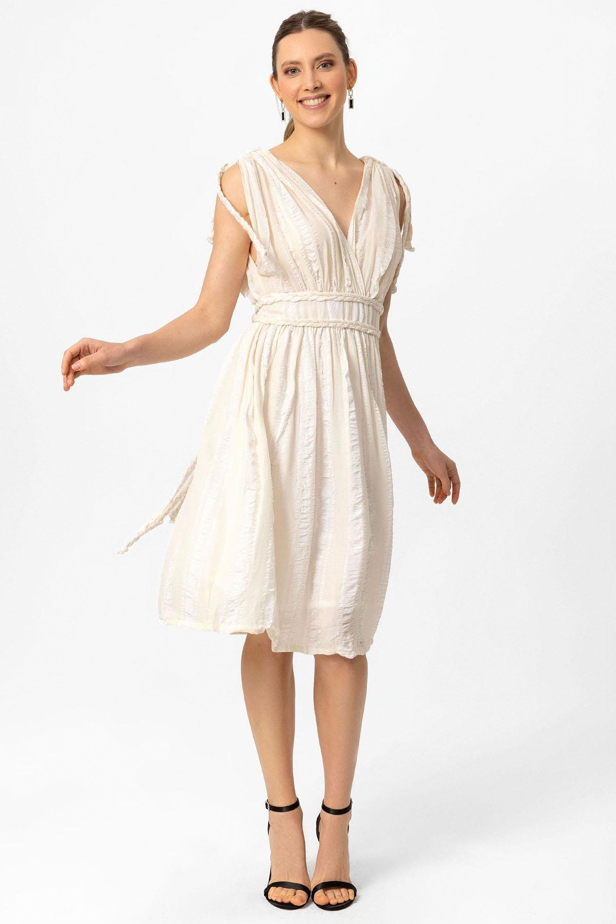 Krem Şile Bezi Askılı Kısa Helen Yazlık Astarsız Plaj Pamuklu Elbise