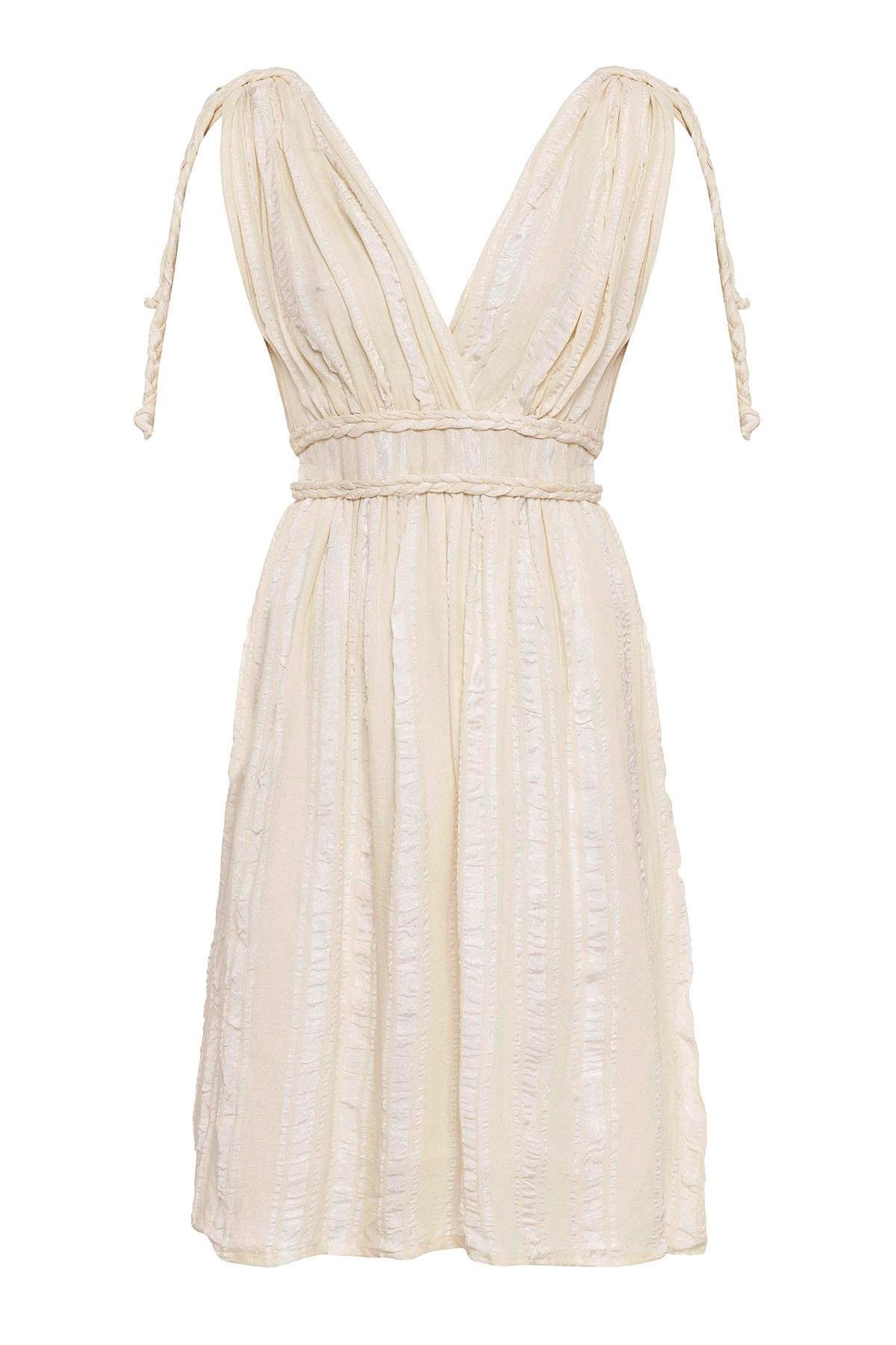 Krem Şile Bezi Askılı Kısa Helen Yazlık Astarsız Plaj Pamuklu Elbise