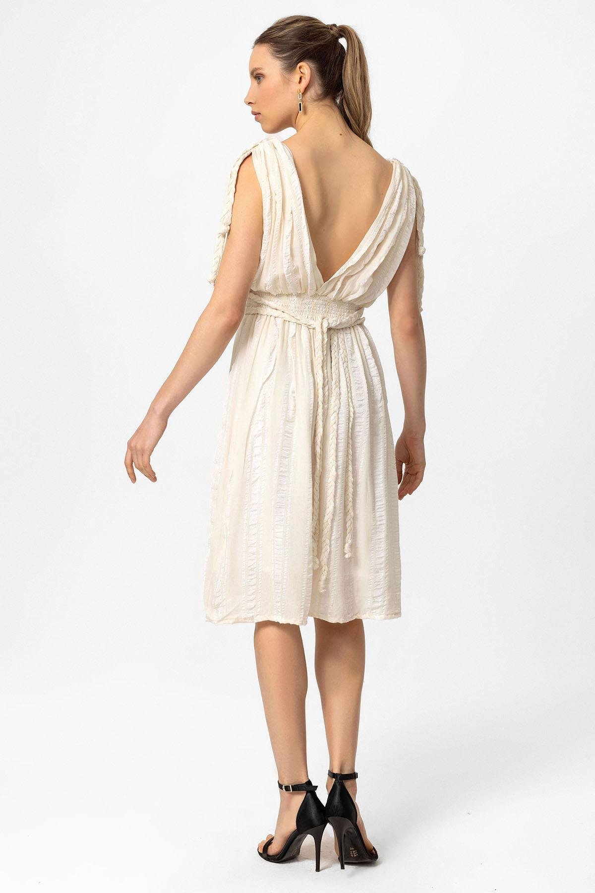 Krem Şile Bezi Askılı Kısa Helen Yazlık Astarsız Plaj Pamuklu Elbise