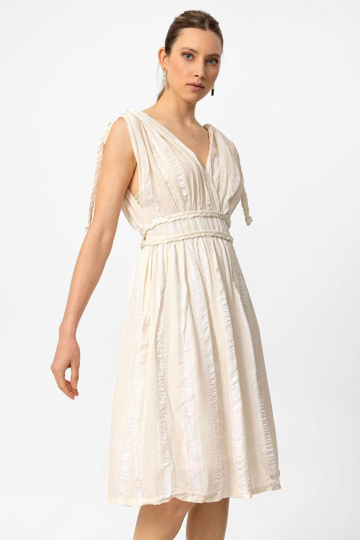 Krem Şile Bezi Askılı Kısa Helen Yazlık Astarsız Plaj Pamuklu Elbise