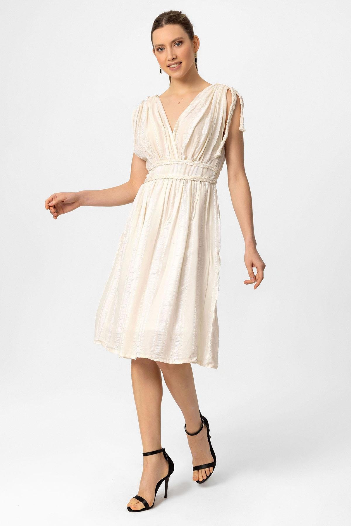 Krem Şile Bezi Askılı Kısa Helen Yazlık Astarsız Plaj Pamuklu Elbise