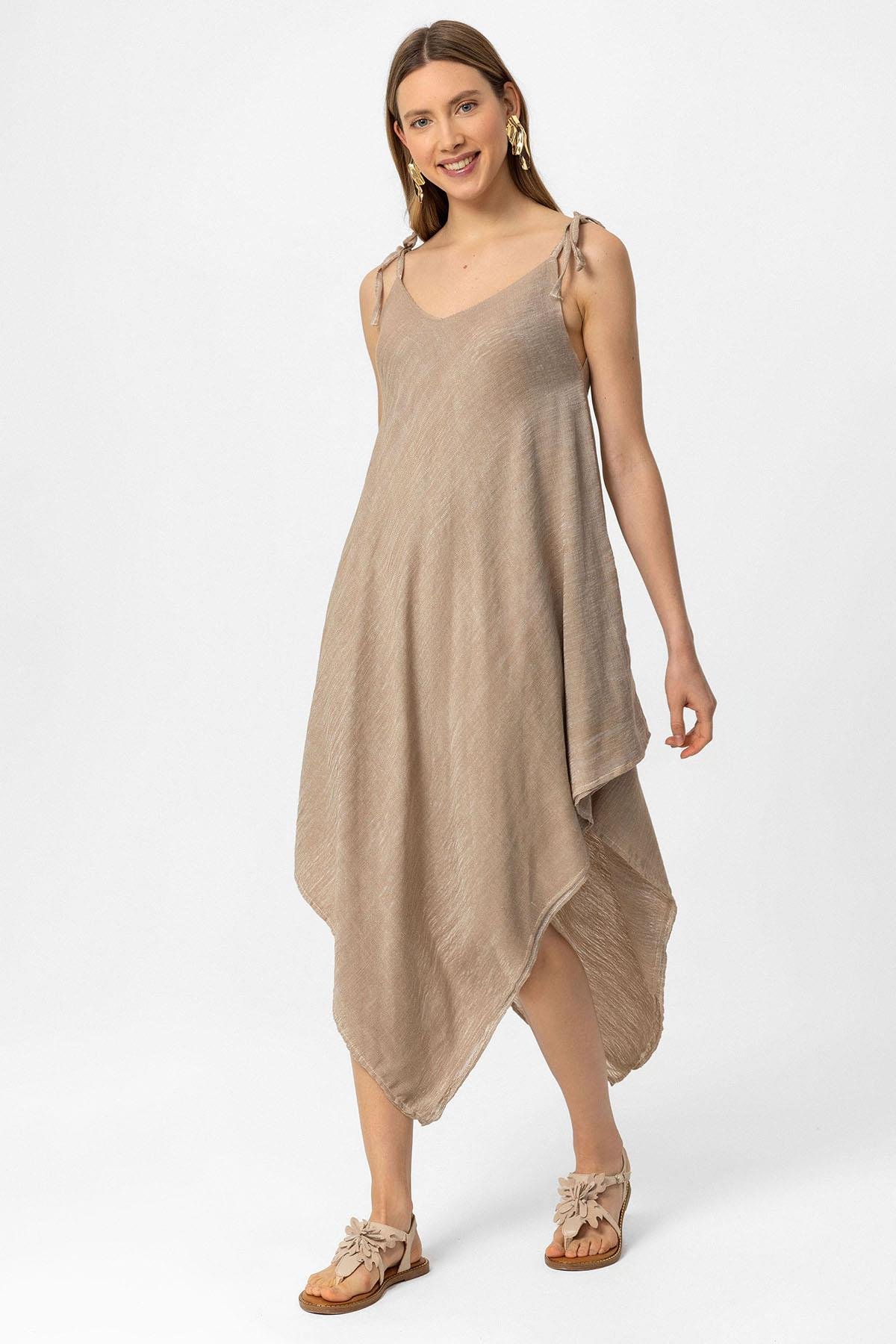 Krem Şile Bezi Askılı Kolsuz Asimetrik Yazlık Astarsız Plaj Pamuklu Elbise
