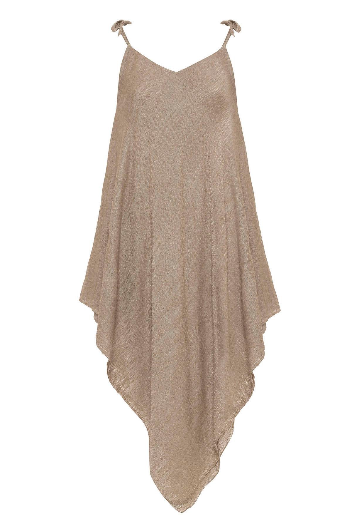 Krem Şile Bezi Askılı Kolsuz Asimetrik Yazlık Astarsız Plaj Pamuklu Elbise