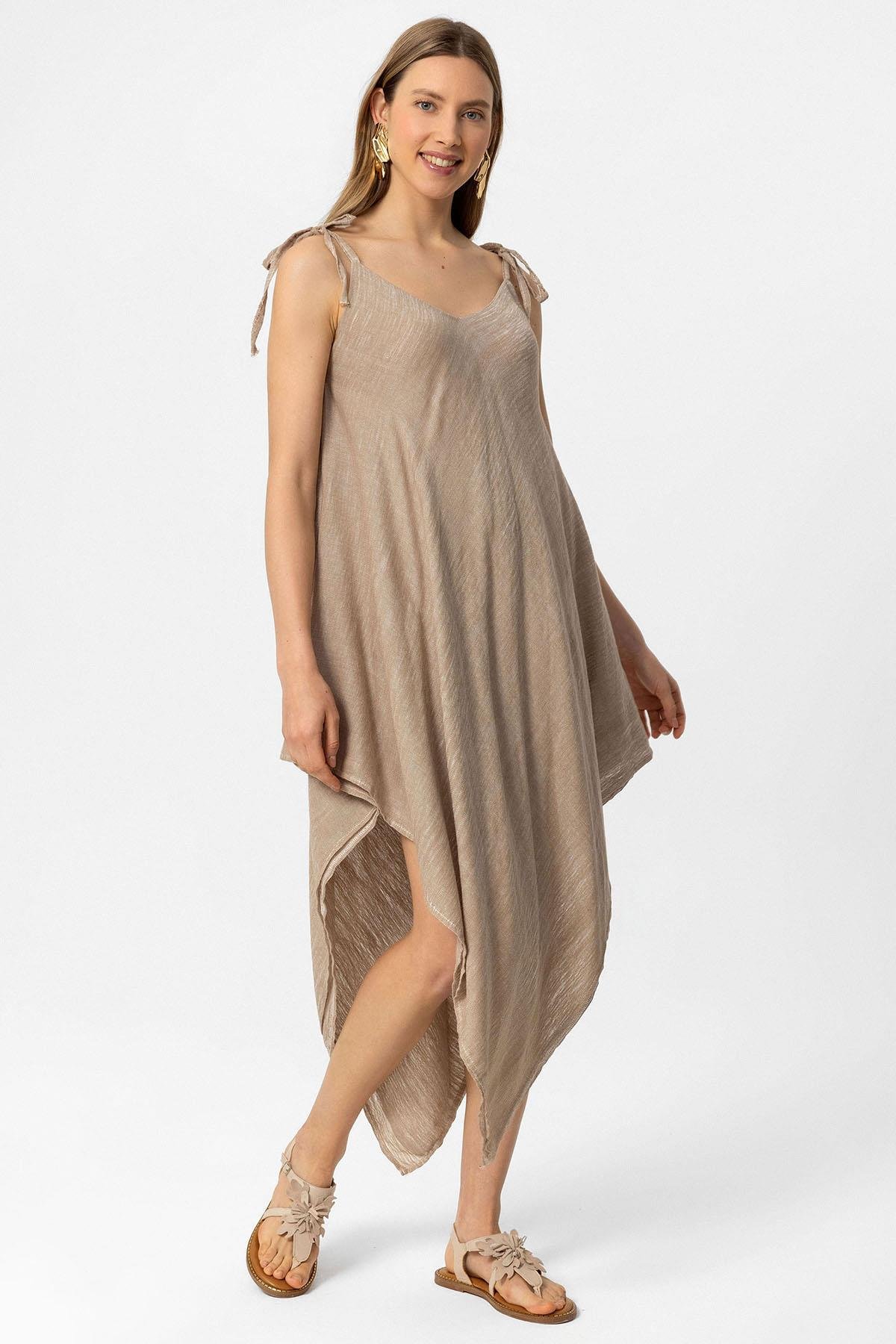 Krem Şile Bezi Askılı Kolsuz Asimetrik Yazlık Astarsız Plaj Pamuklu Elbise