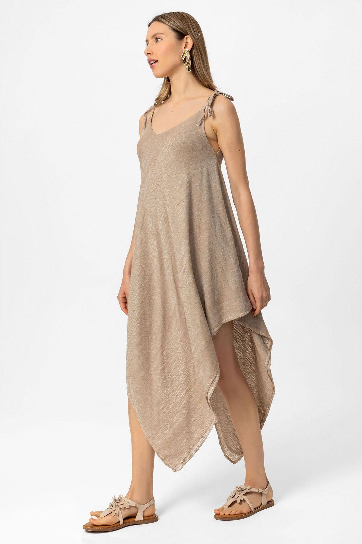 Krem Şile Bezi Askılı Kolsuz Asimetrik Yazlık Astarsız Plaj Pamuklu Elbise