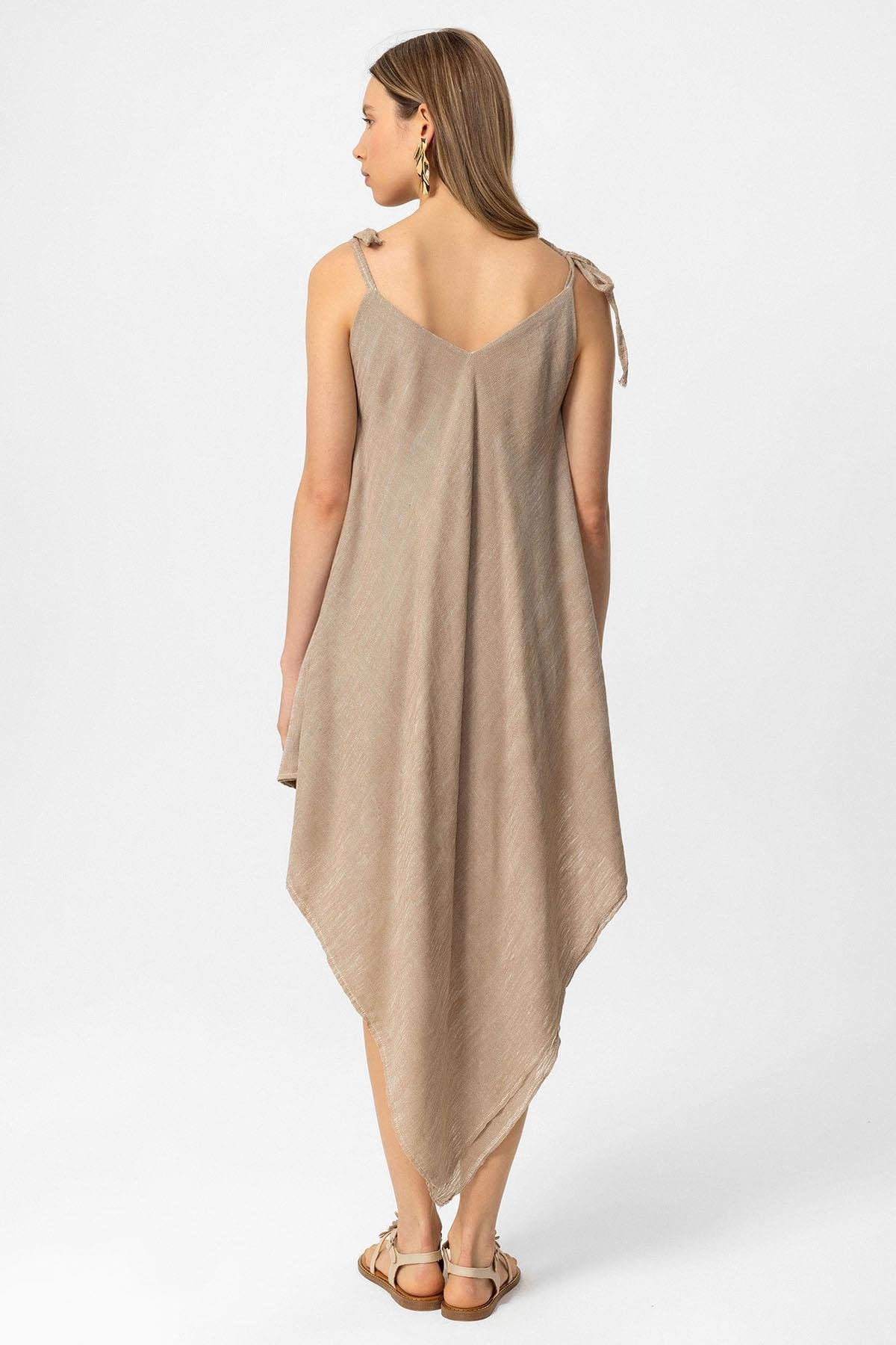 Krem Şile Bezi Askılı Kolsuz Asimetrik Yazlık Astarsız Plaj Pamuklu Elbise