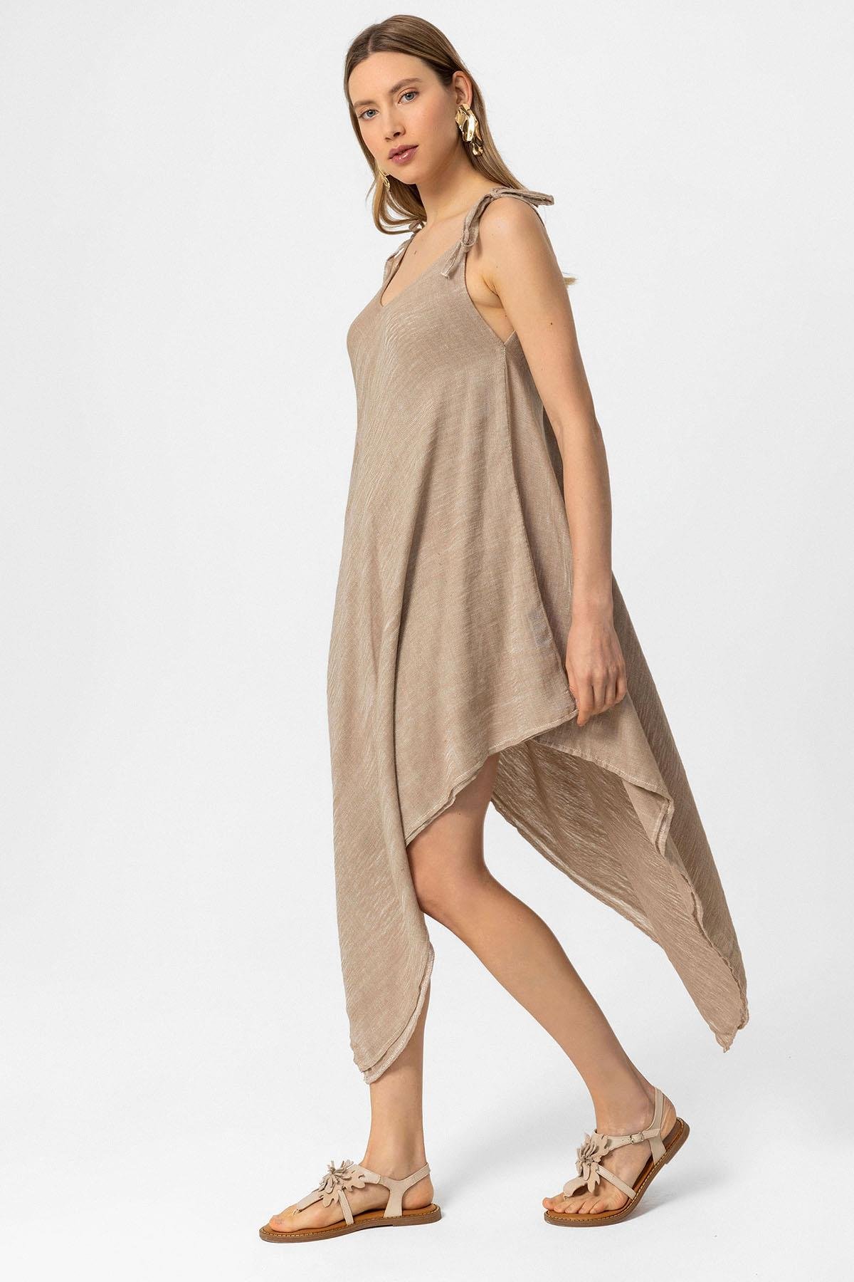 Krem Şile Bezi Askılı Kolsuz Asimetrik Yazlık Astarsız Plaj Pamuklu Elbise