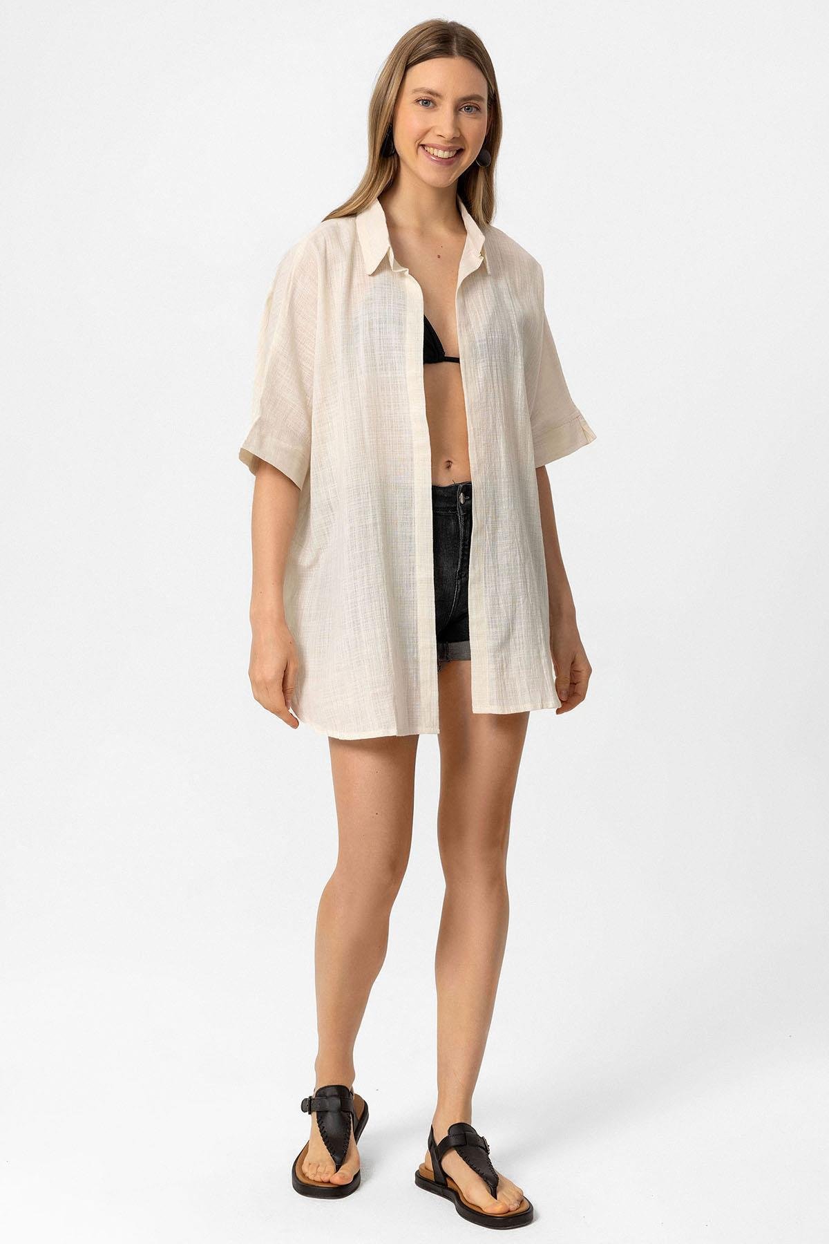 Krem Şile Bezi Düğmesiz Cepli Kısa Kollu Gömlek Yaka Yazlık Pamuklu Gömlek Pareo