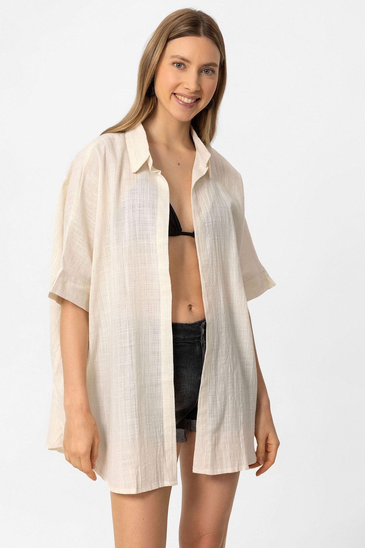 Krem Şile Bezi Düğmesiz Cepli Kısa Kollu Gömlek Yaka Yazlık Pamuklu Gömlek Pareo