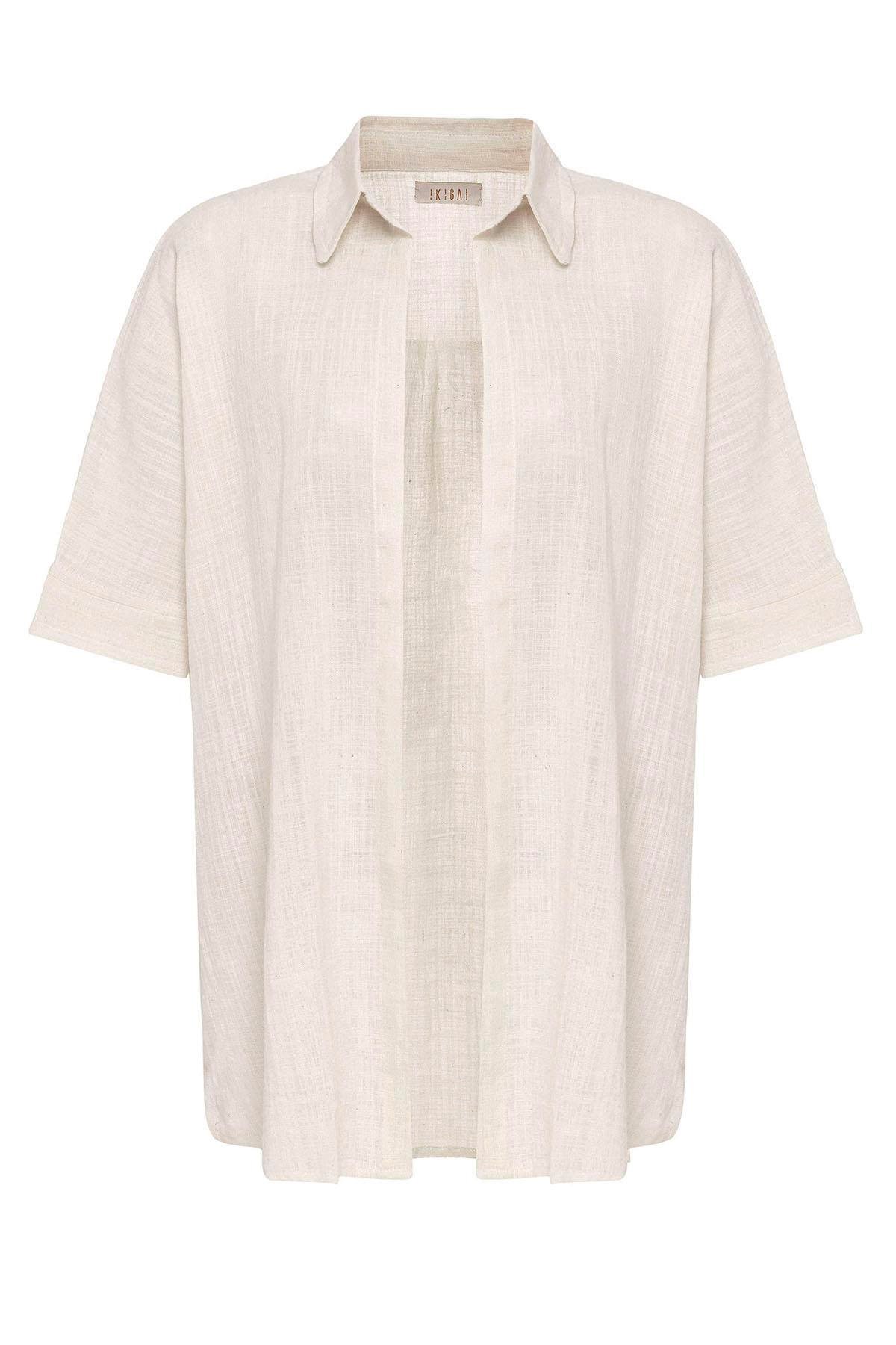 Krem Şile Bezi Düğmesiz Cepli Kısa Kollu Gömlek Yaka Yazlık Pamuklu Gömlek Pareo