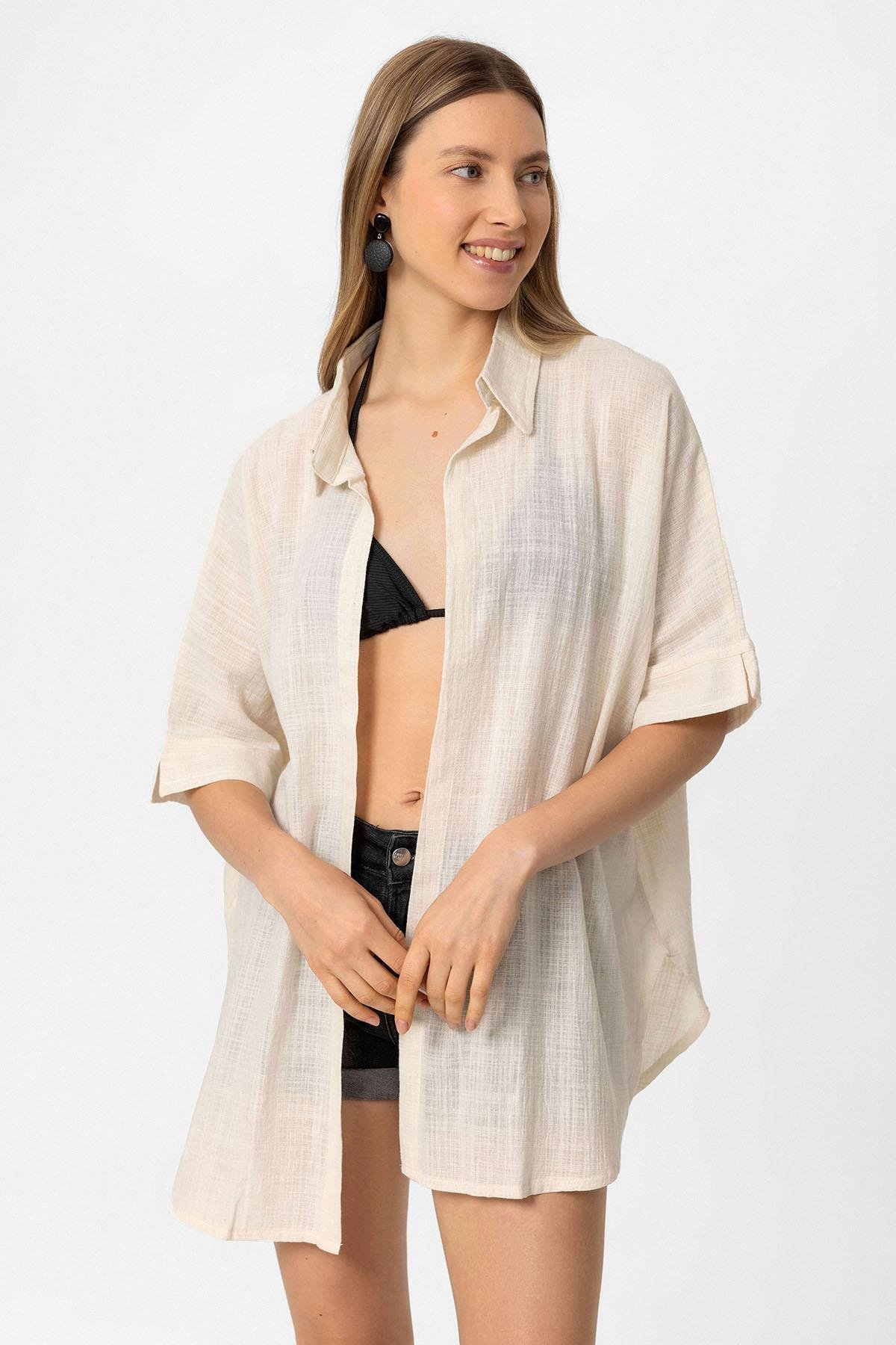 Krem Şile Bezi Düğmesiz Cepli Kısa Kollu Gömlek Yaka Yazlık Pamuklu Gömlek Pareo