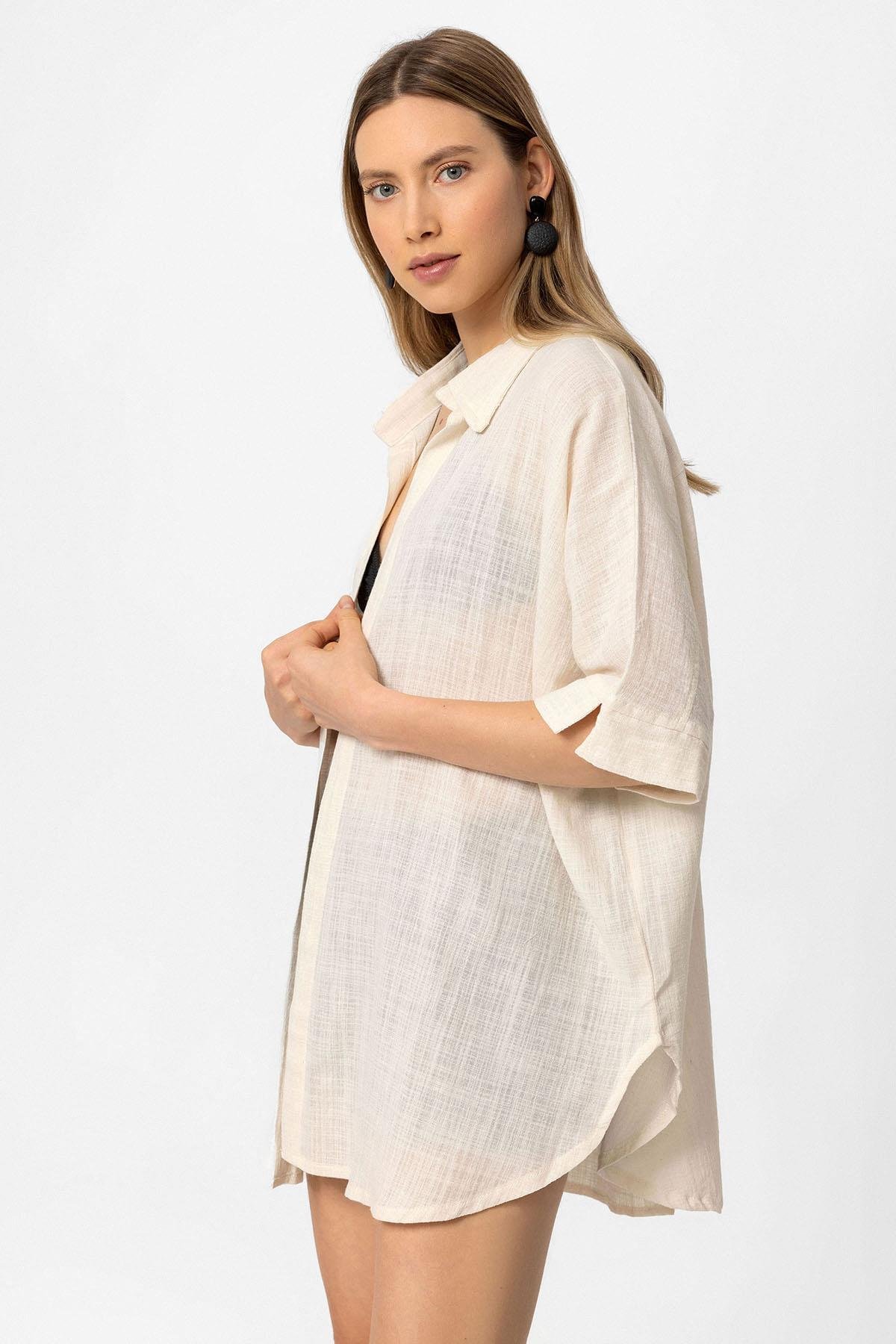 Krem Şile Bezi Düğmesiz Cepli Kısa Kollu Gömlek Yaka Yazlık Pamuklu Gömlek Pareo