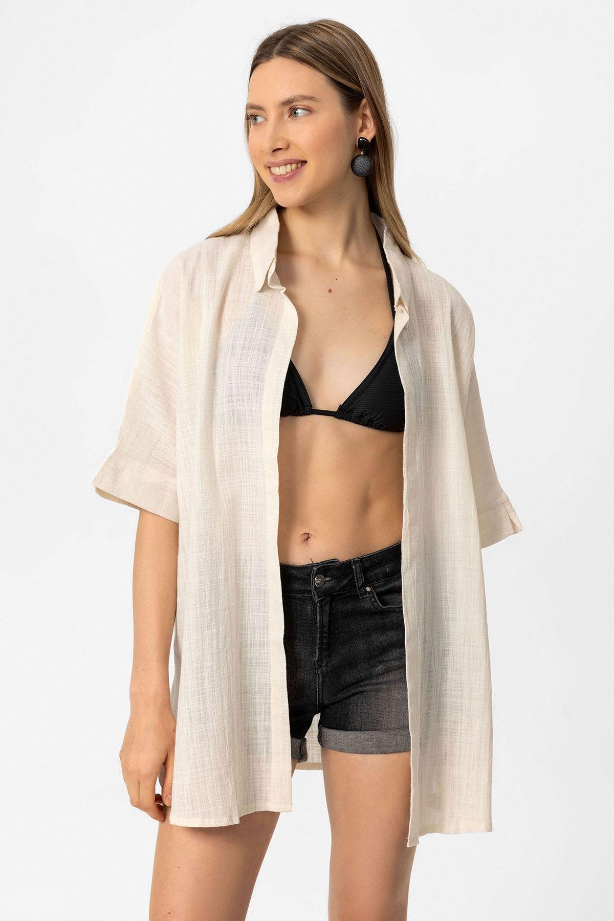 Krem Şile Bezi Düğmesiz Cepli Kısa Kollu Gömlek Yaka Yazlık Pamuklu Gömlek Pareo