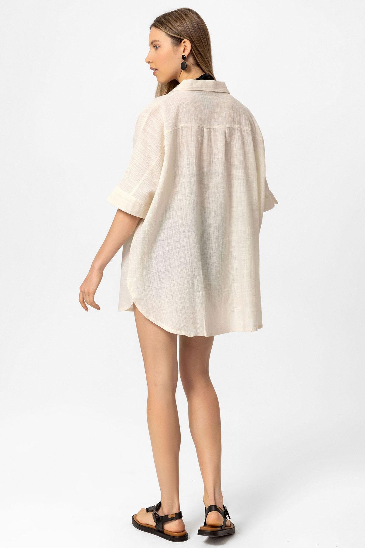 Krem Şile Bezi Düğmesiz Cepli Kısa Kollu Gömlek Yaka Yazlık Pamuklu Gömlek Pareo