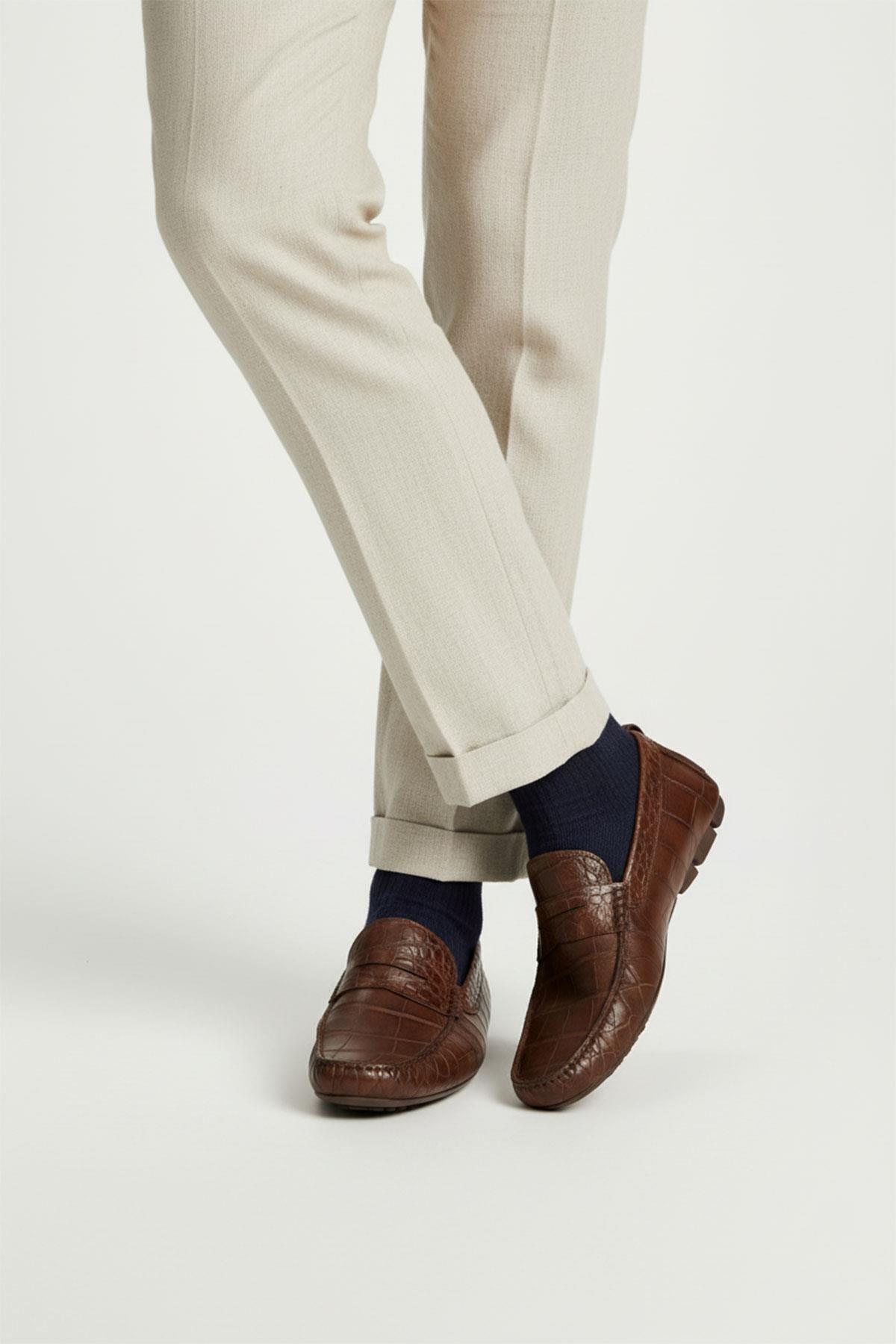 Kroko Desenli Kahverengi Hakiki Deri Erkek Ayakkabı