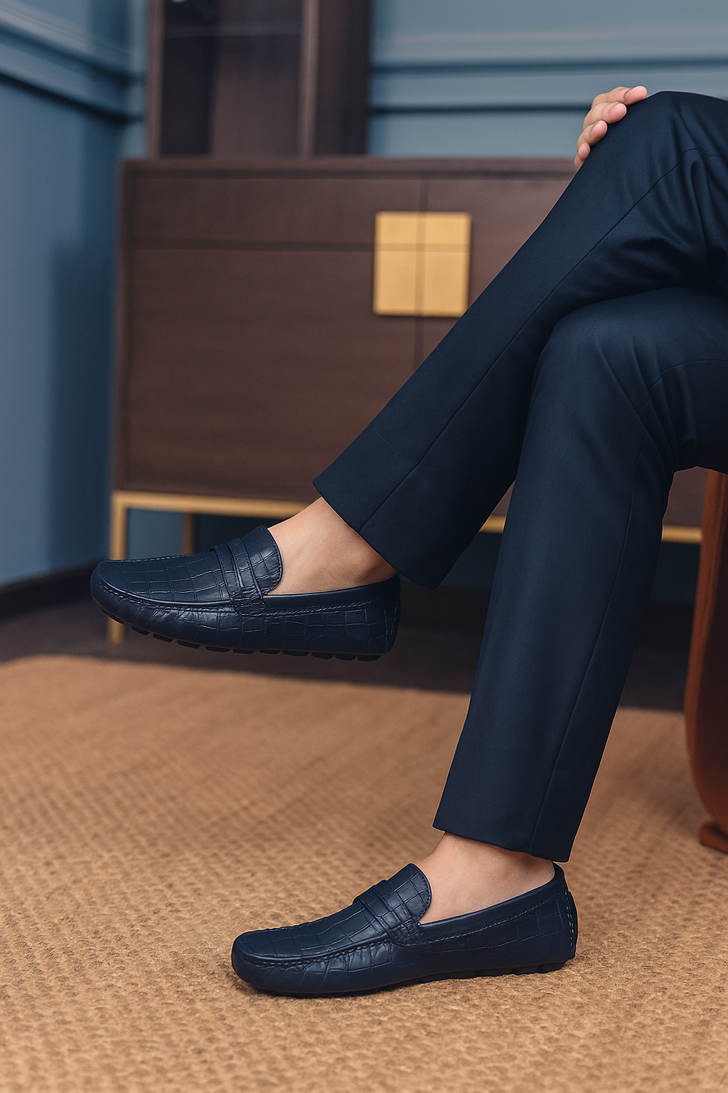 Kroko Desenli Lacivert Hakiki Deri Erkek Ayakkabı