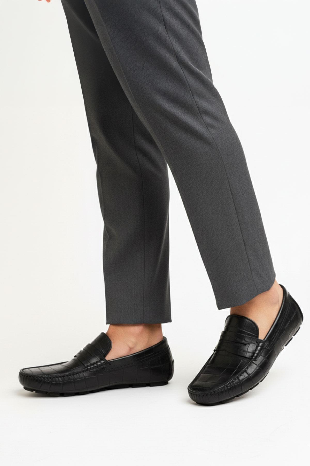 Kroko Desenli Siyah Hakiki Deri Erkek Ayakkabı