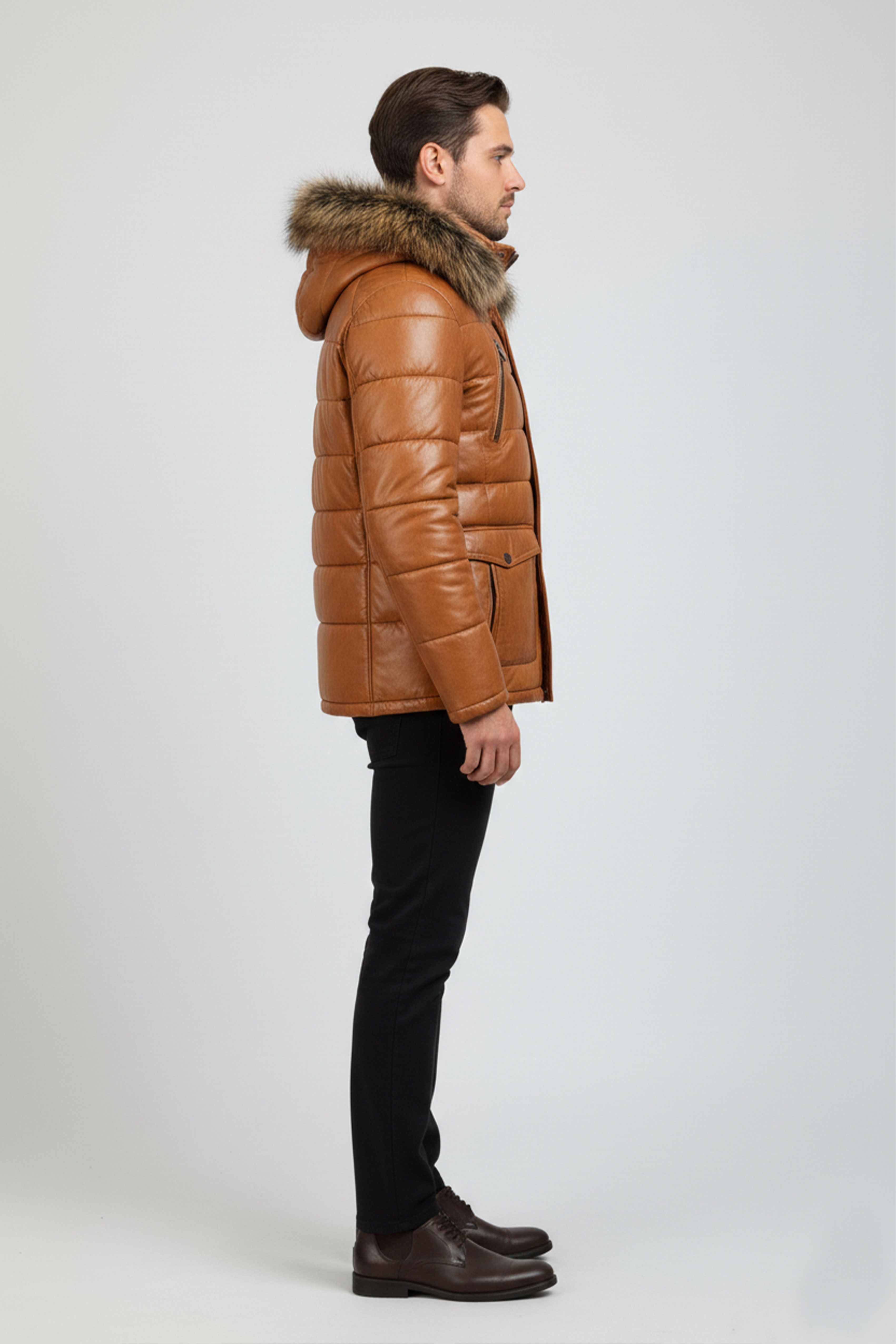 Kürklü Kapüşon Şişme Deri Tasarım Düğme ve Fermuar Kapamalı Hakiki Deri Mont