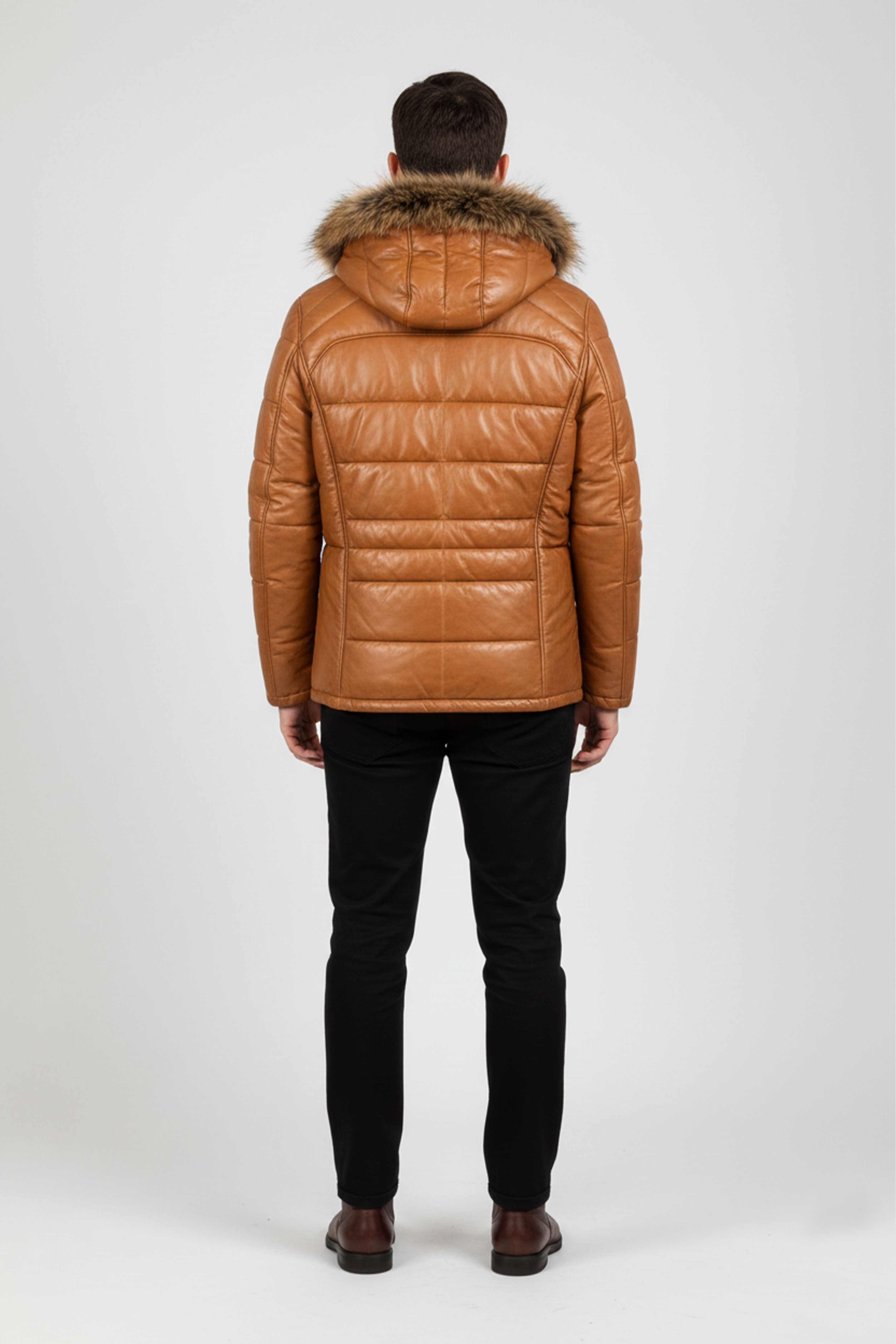 Kürklü Kapüşon Şişme Deri Tasarım Düğme ve Fermuar Kapamalı Hakiki Deri Mont