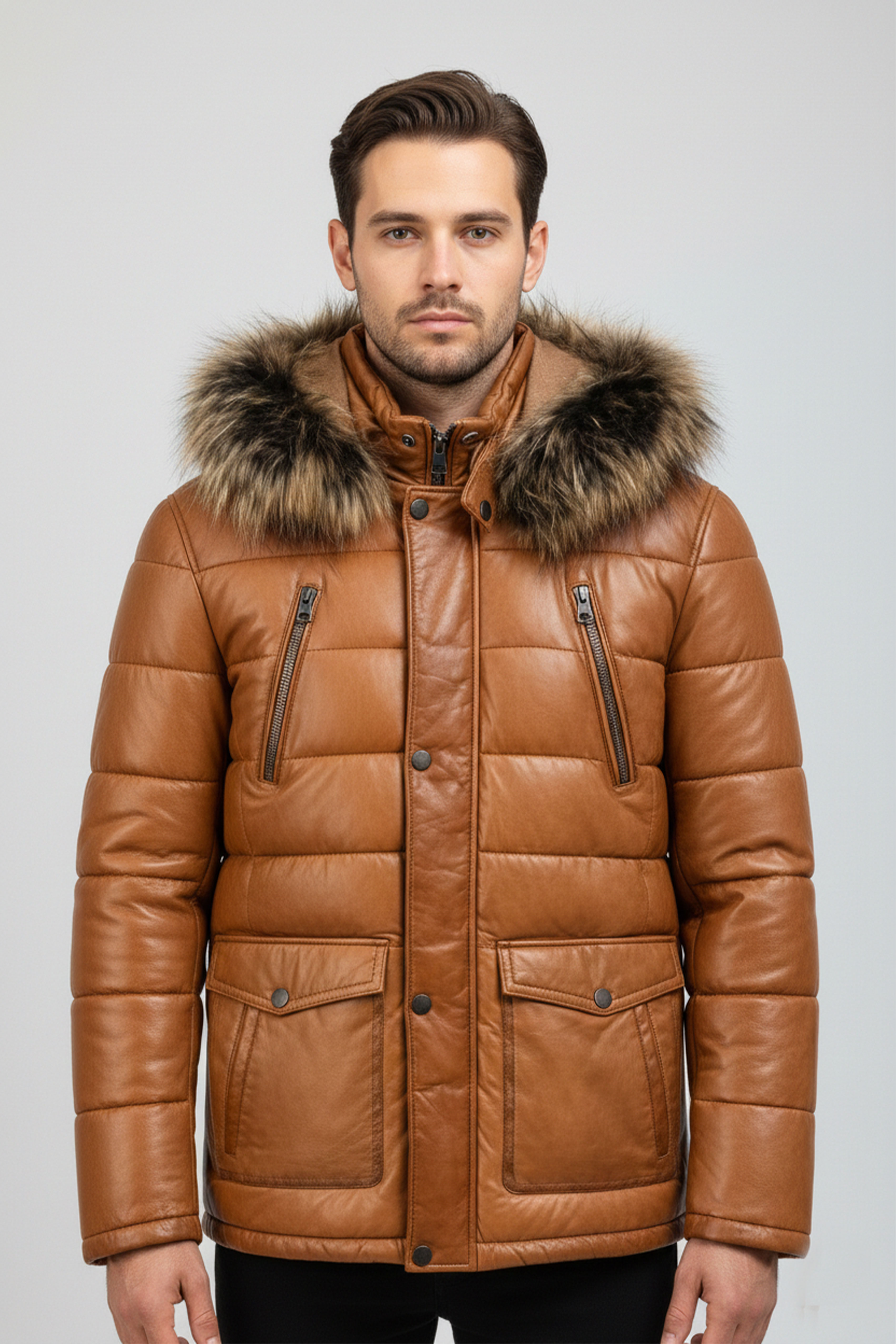 Kürklü Kapüşon Şişme Deri Tasarım Düğme ve Fermuar Kapamalı Hakiki Deri Mont