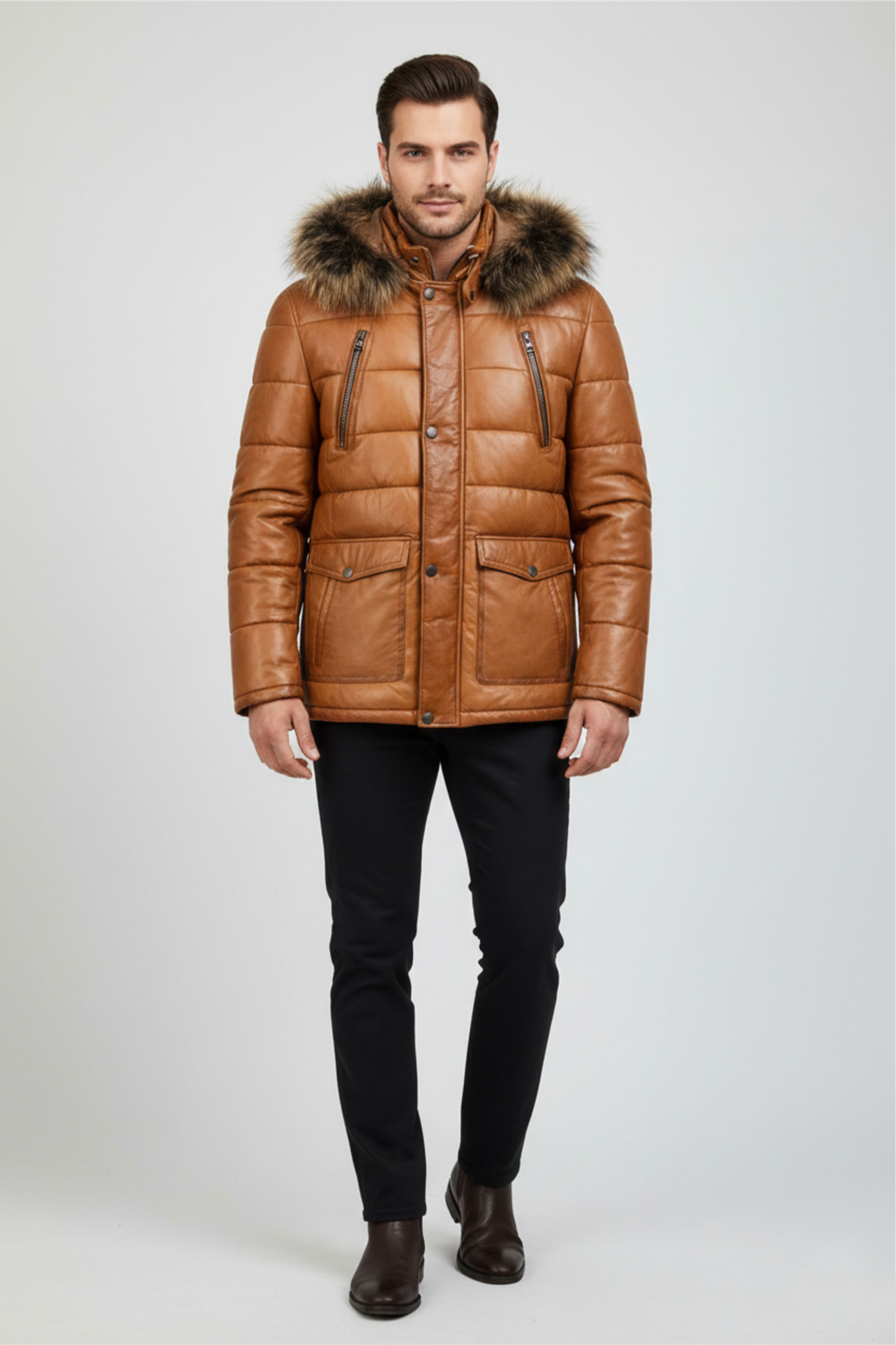 Kürklü Kapüşon Şişme Deri Tasarım Düğme ve Fermuar Kapamalı Hakiki Deri Mont