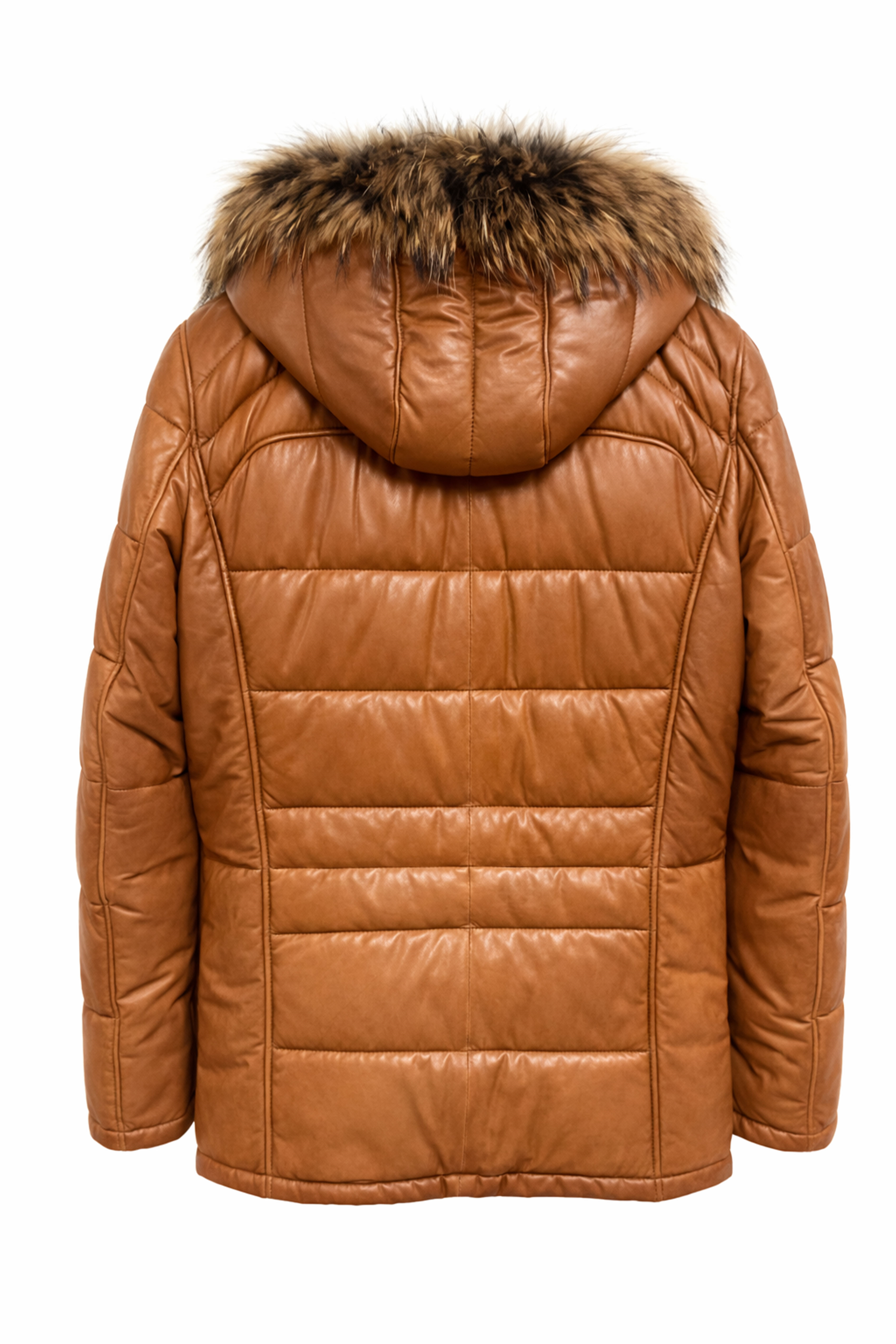 Kürklü Kapüşon Şişme Deri Tasarım Düğme ve Fermuar Kapamalı Hakiki Deri Mont