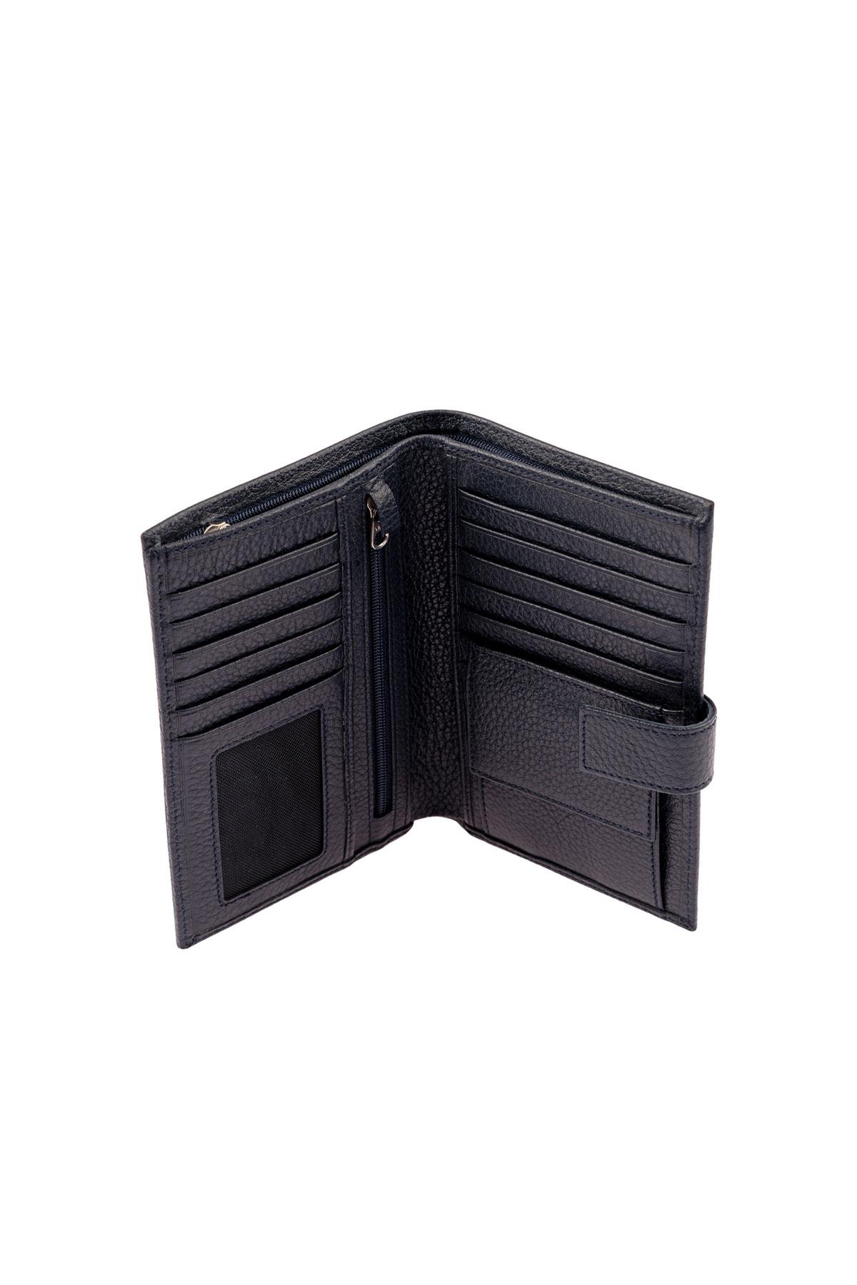 Lacivert Hakiki Deri Bol Kartlıklı Bozuk Para Bölmeli Fermuarlı Uzun Erkek Cüzdan