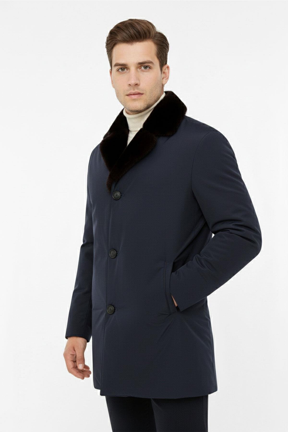 Lacivert Kumaş Hugo Yakası Kürk Erkek Kaban