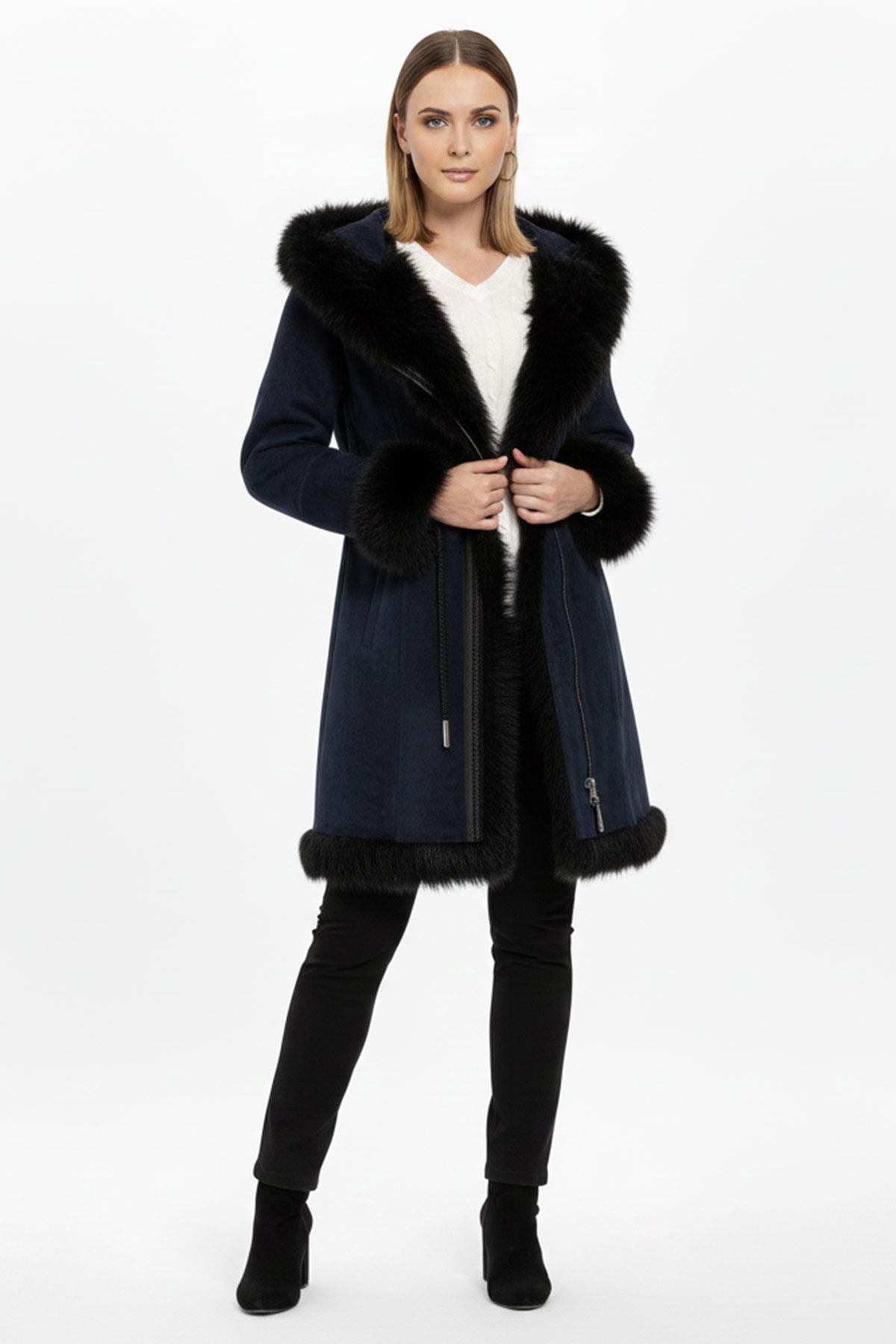 Lacivert Seline Triko Kapüşonlu Hakiki Deri Kürk Kaban