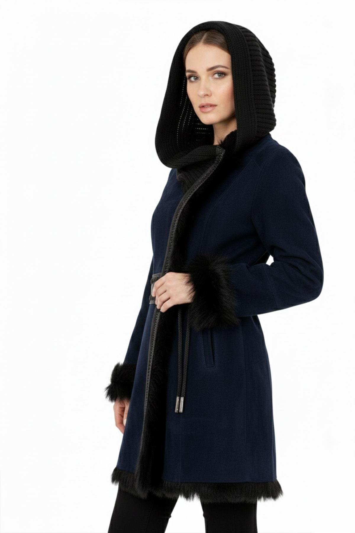 Lacivert Seline Triko Kapüşonlu Hakiki Deri Kürk Kaban