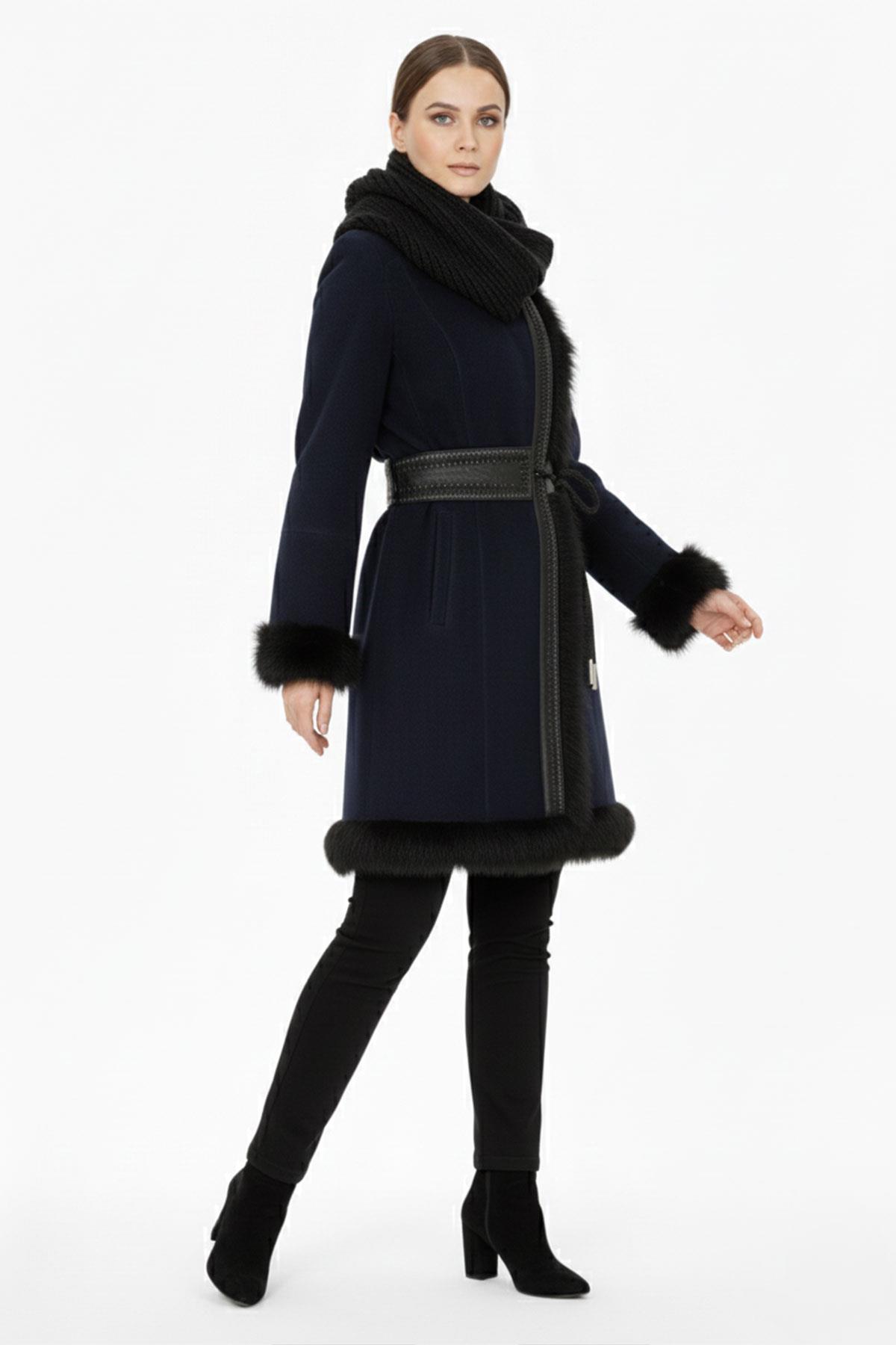 Lacivert Seline Triko Kapüşonlu Hakiki Deri Kürk Kaban