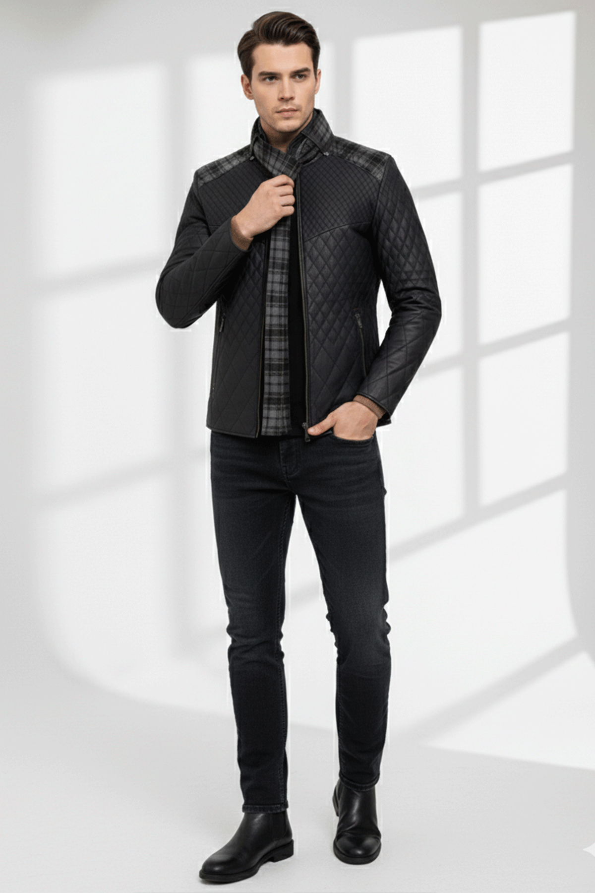 Lacivert Steven Erkek Şallı Kapitone Hakiki Deri Mont